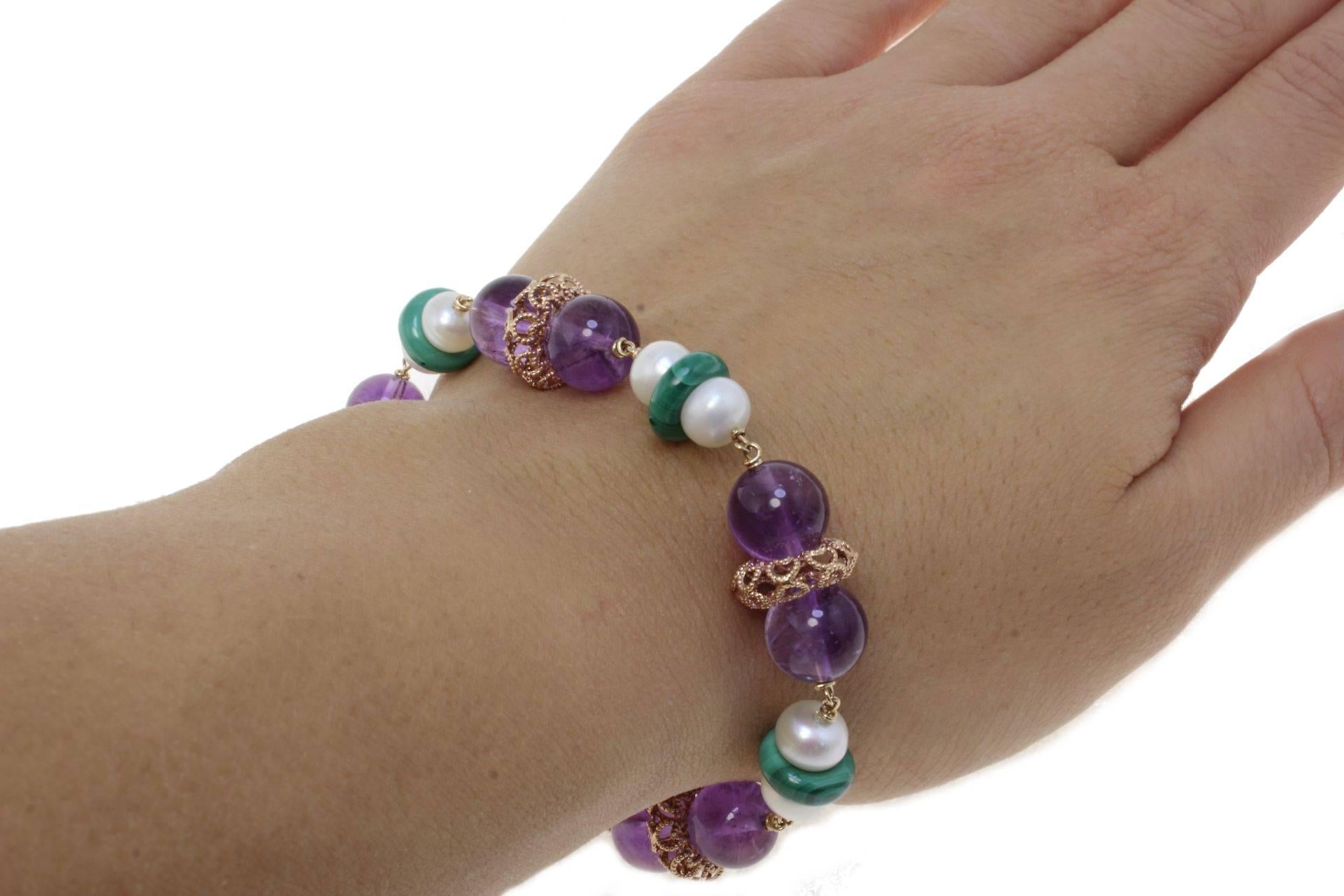 Mixed Cut Amethyst Pearl Malachite Link Rose Gold Bracelet For Sale