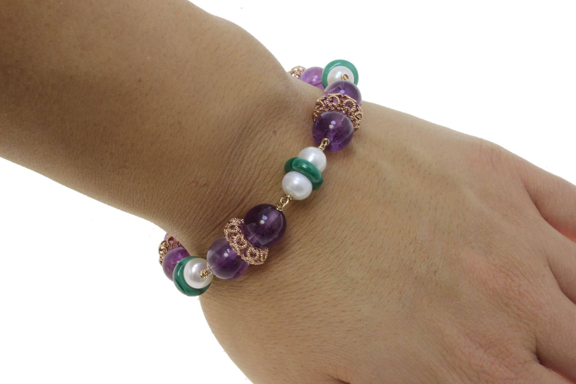 Amethyst Pearl Malachite Link Rose Gold Bracelet In Good Condition For Sale In Marcianise, Marcianise (CE)