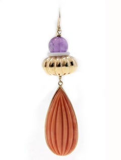 Amethysts , Engraved Red Coral Drops, White Agate Rings, 18K Rose Gold Earrings