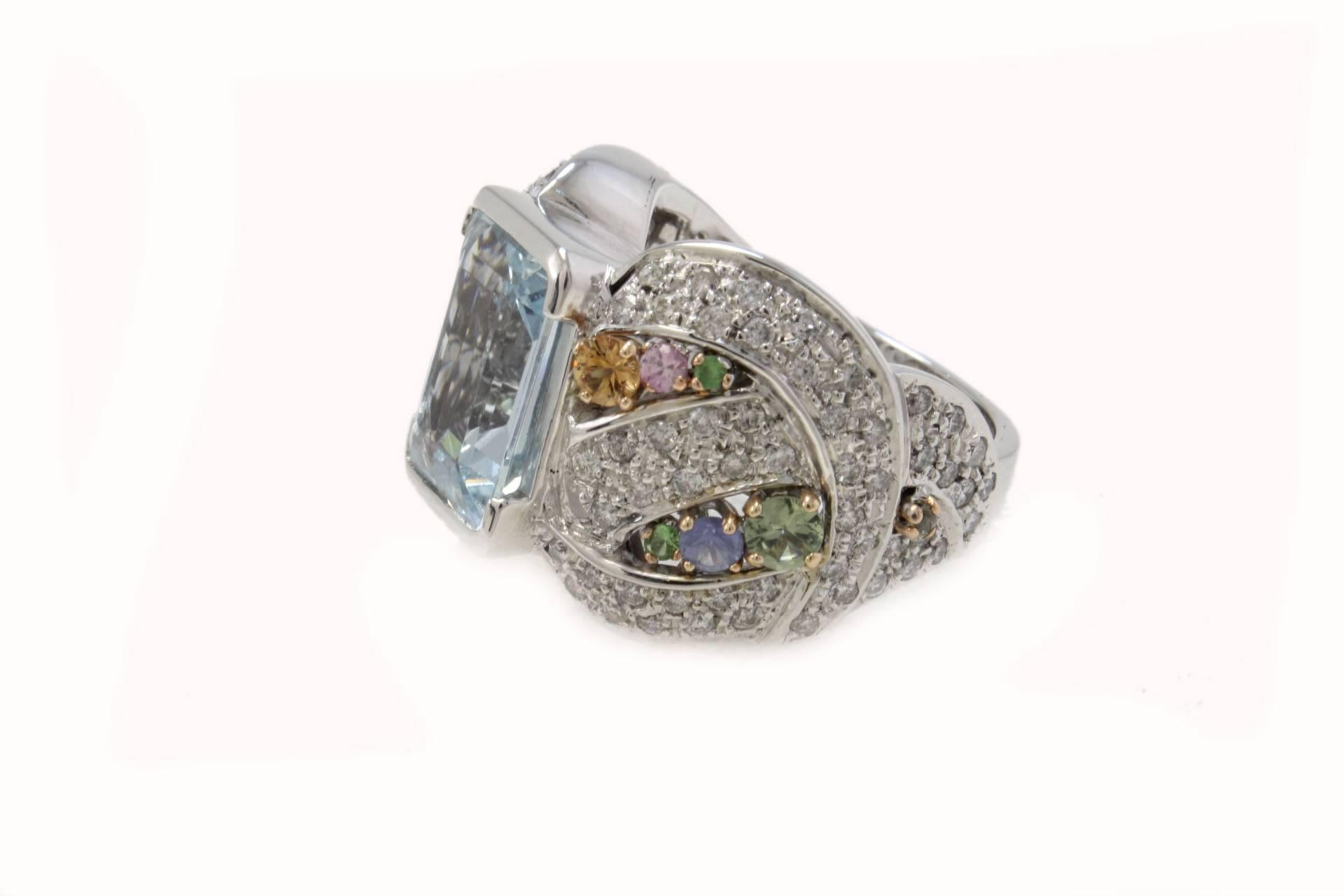 Brilliant Cut Contemporary White Gold Diamonds Sapphires Aquamarine Ring For Sale