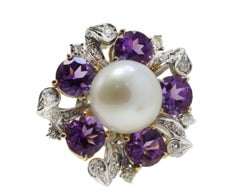Rose Gold and White Gold Amethyst Diamonds and Pearl Stud Earrings
