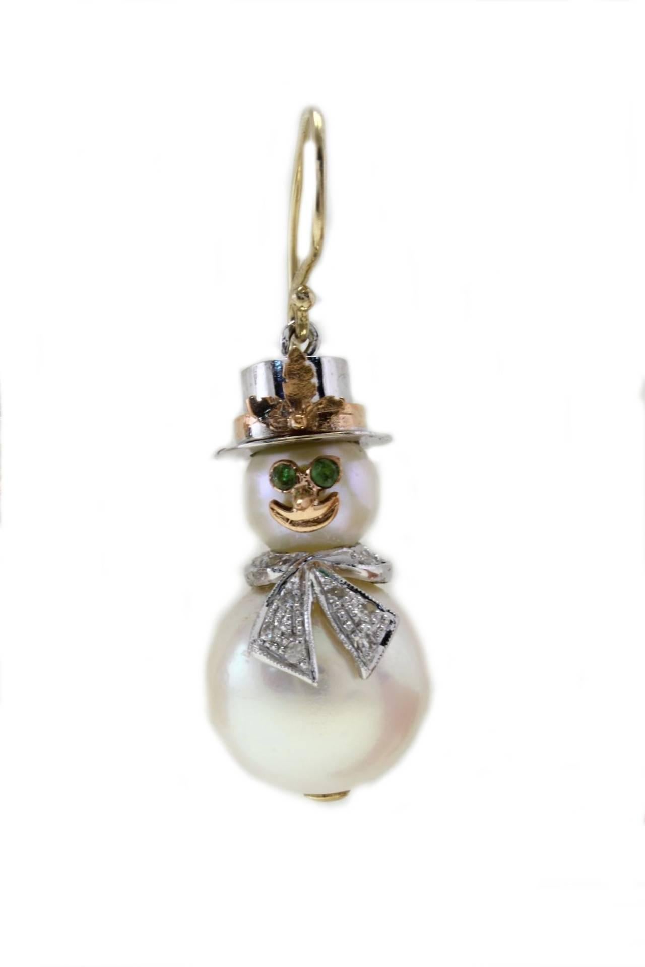 Contemporary 14 Kt White Gold, 14 Kt Rose Gold Pearl &  Diamond Snowman  Dangle Earrings 