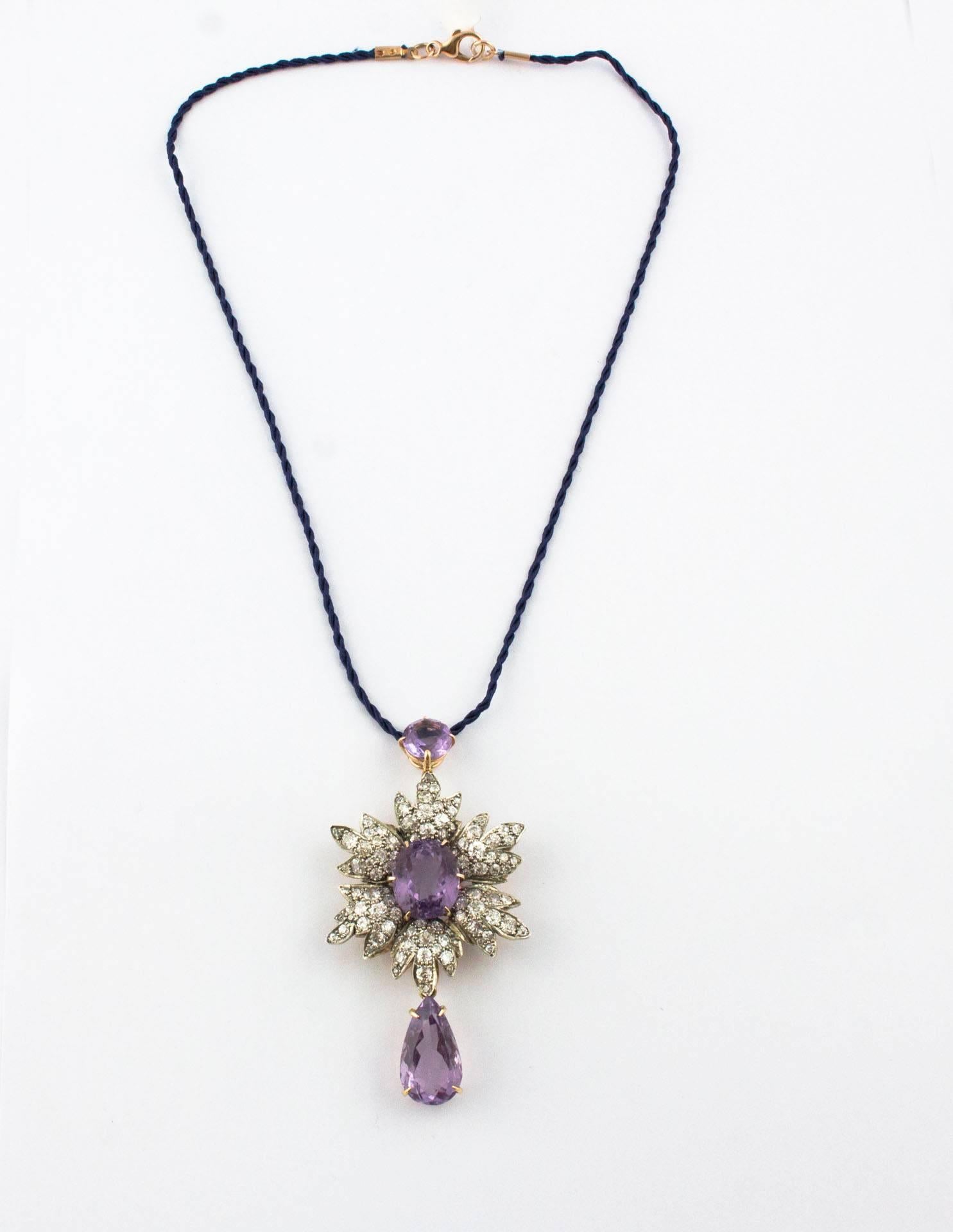 Mixed Cut Gold and Silver Diamonds Amethyst Pendant/Necklace For Sale