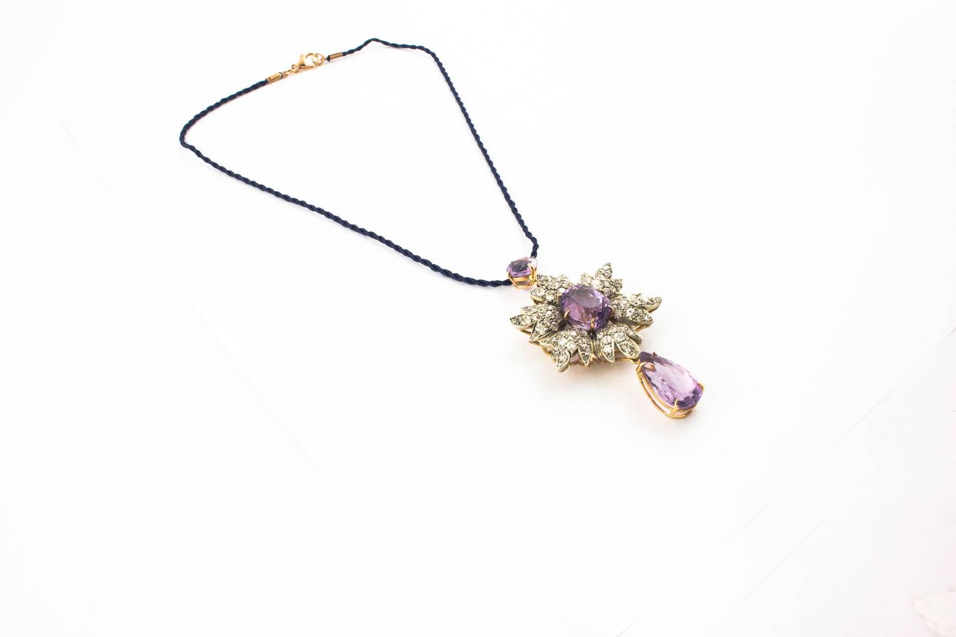 Gold and Silver Diamonds Amethyst Pendant/Necklace In Good Condition For Sale In Marcianise, Marcianise (CE)