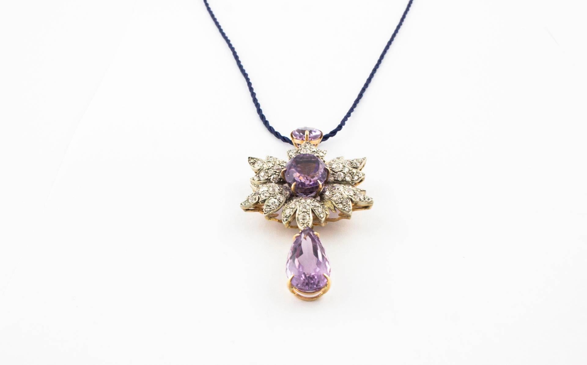 Women's or Men's Gold and Silver Diamonds Amethyst Pendant/Necklace For Sale