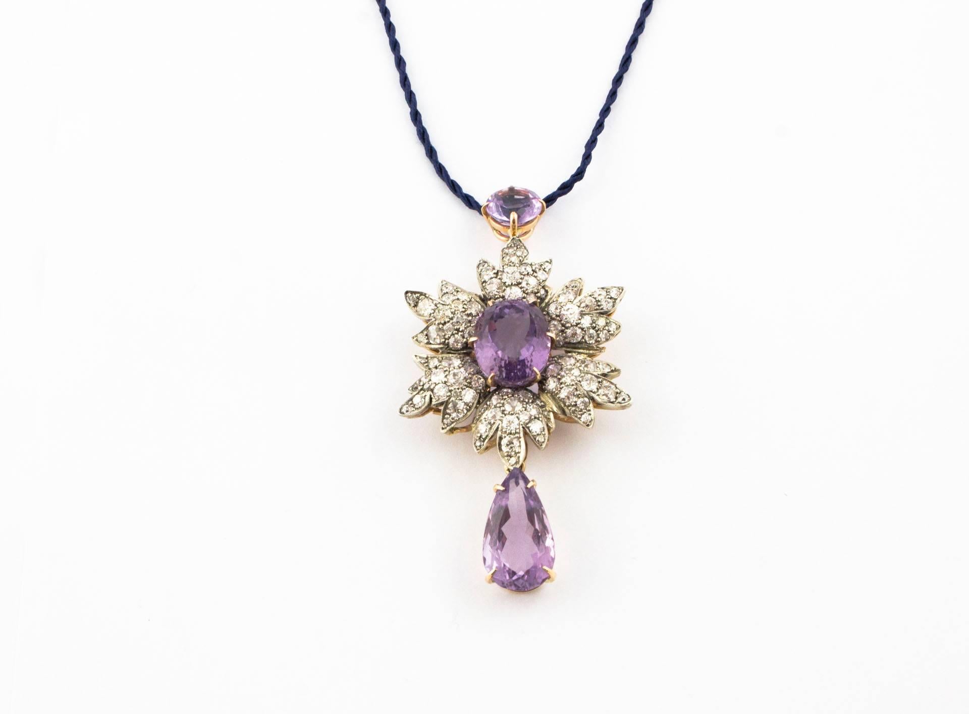 Gold and Silver Diamonds Amethyst Pendant/Necklace For Sale 1
