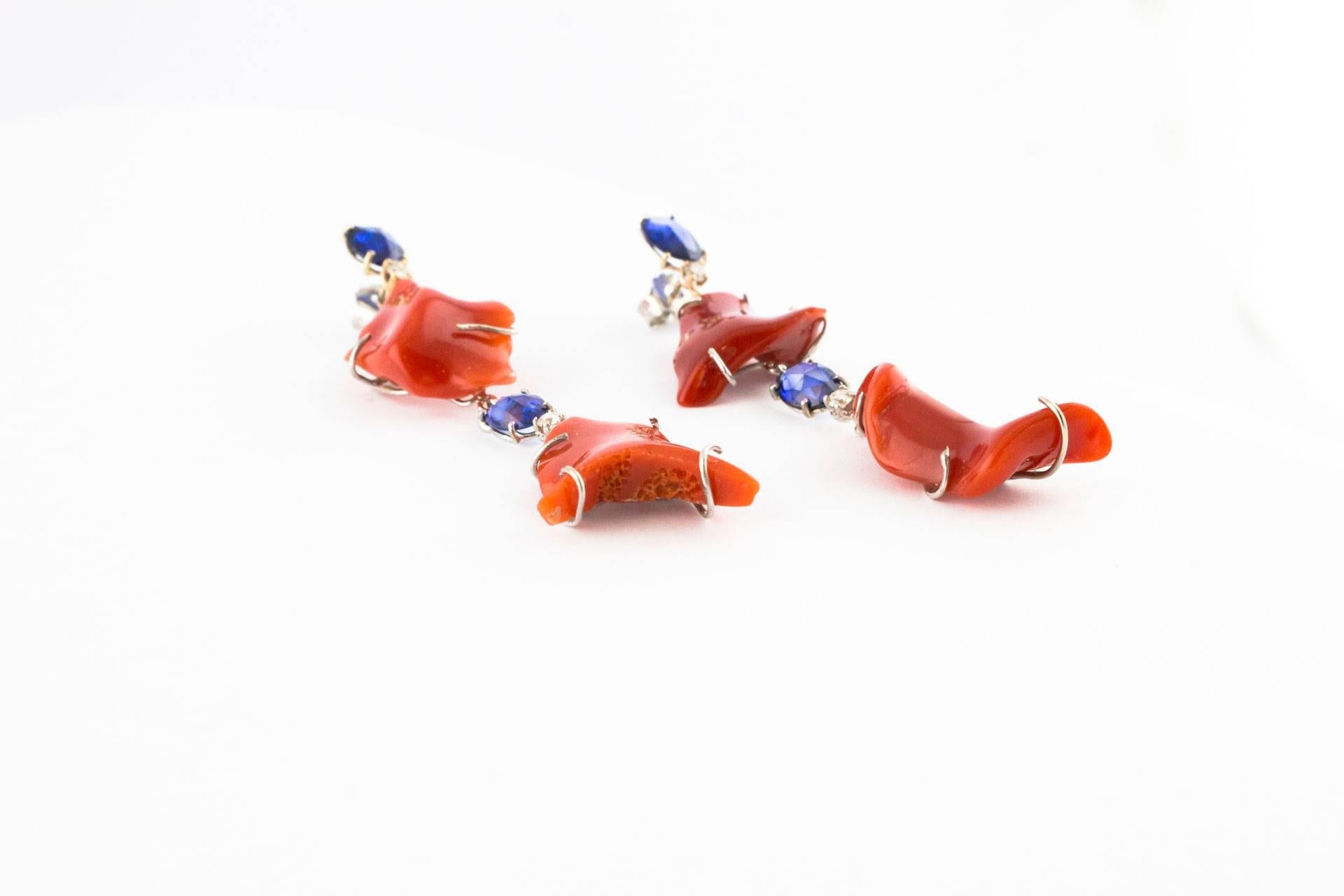 Retro  White Diamonds, Blue Sapphires, Red Coral , White and Rose Gold Earrings