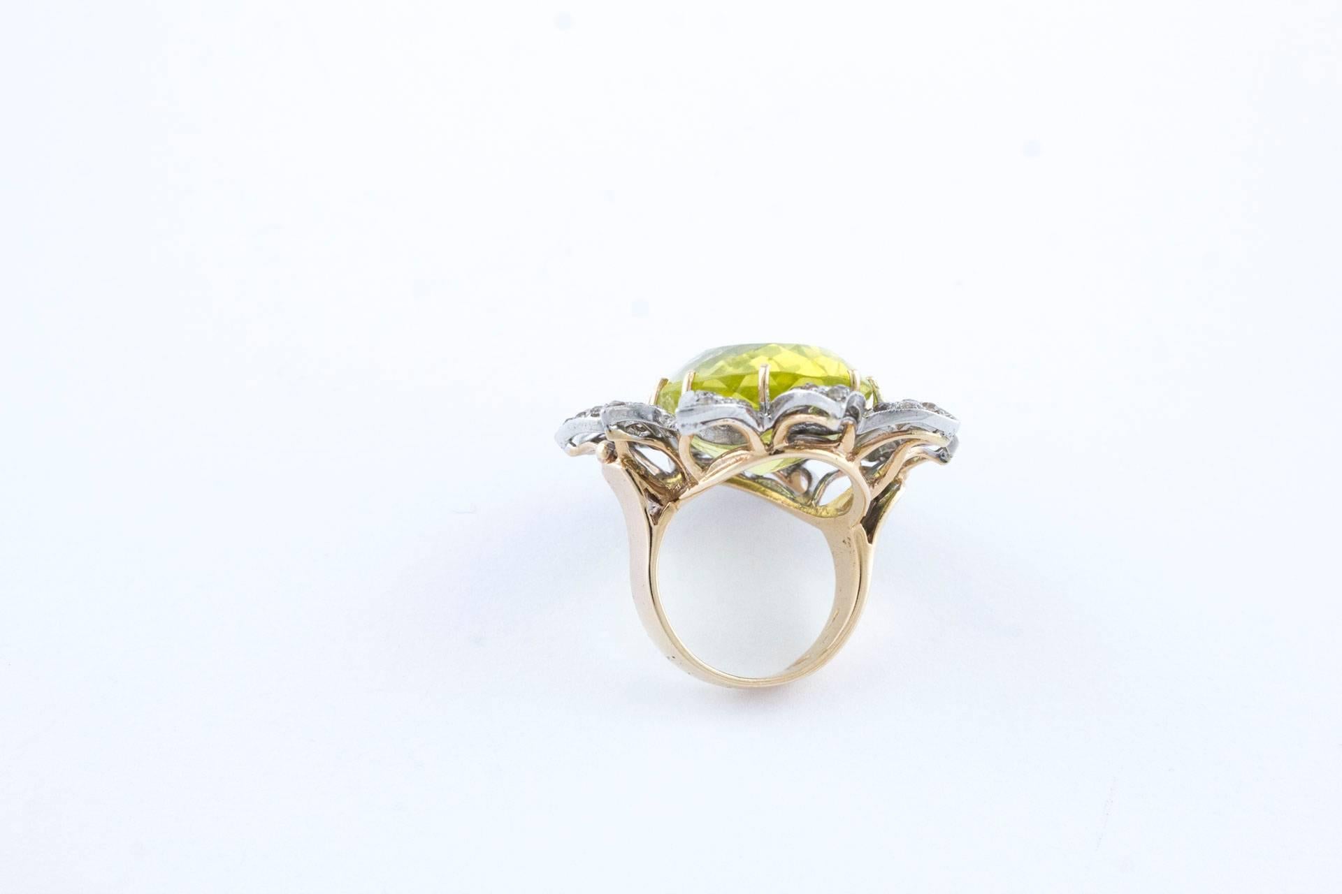 Retro Diamonds and Lemon Citrine Rose Gold and Silver Cocktail Ring 