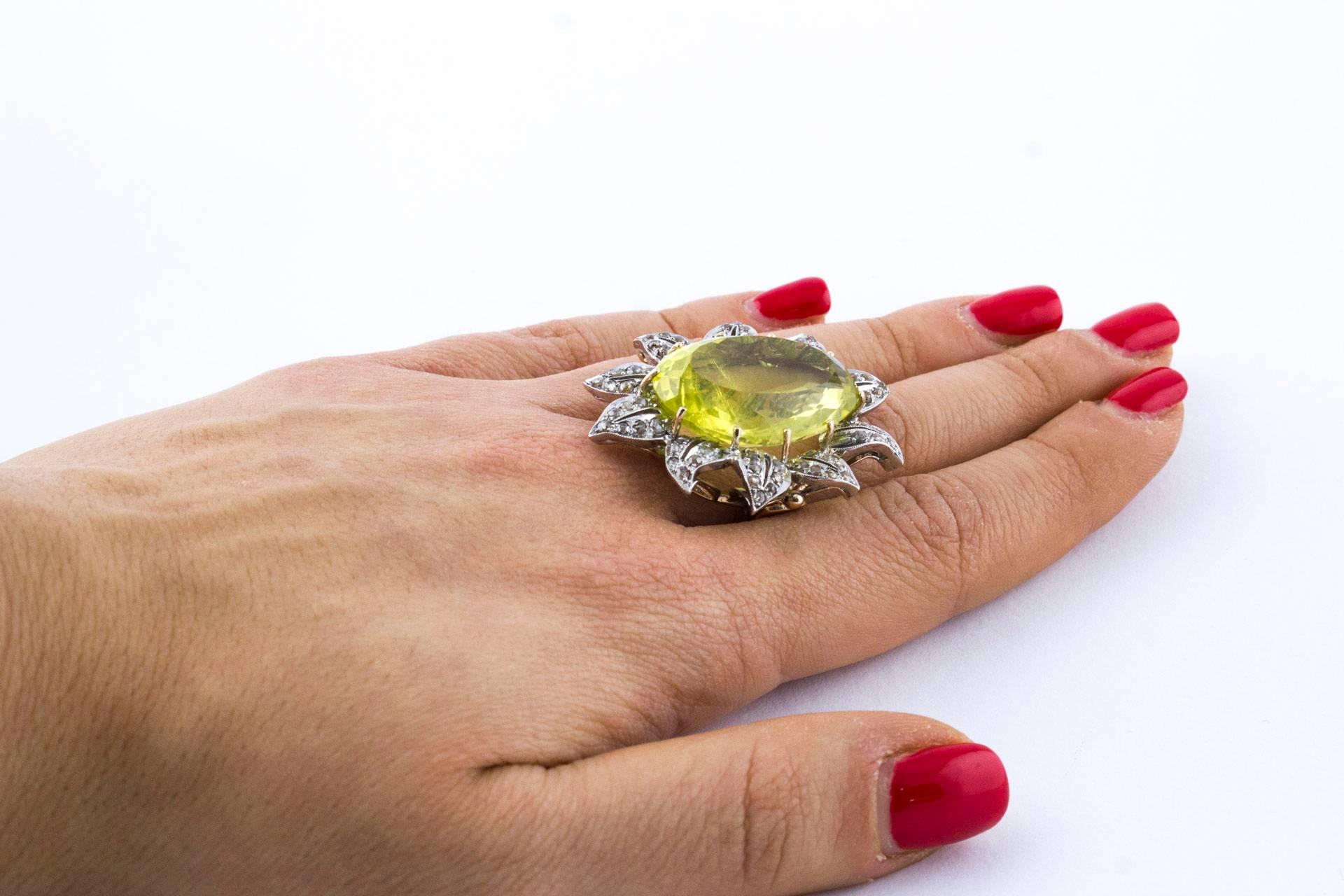 Diamonds and Lemon Citrine Rose Gold and Silver Cocktail Ring  In Good Condition In Marcianise, Marcianise (CE)