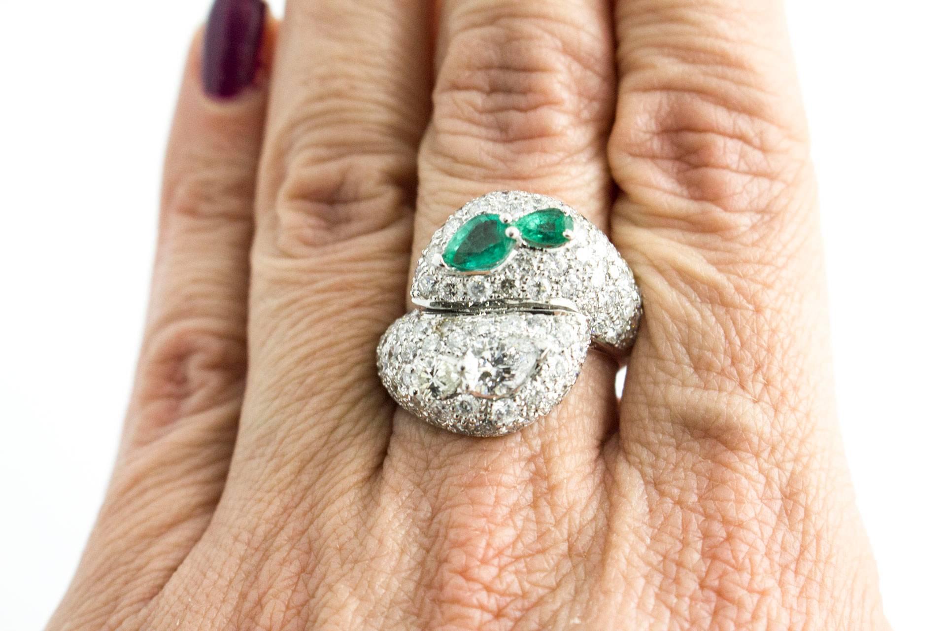 Women's Diamond Emerald Crossover Ring For Sale