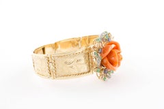 Diamanten Smaragde Saphire und Orange Koralle Blume, Rose Gold Retrò-Armband