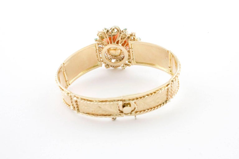 Mixed Cut Diamonds Emeralds Sapphires and Orange Coral Flower, Rose Gold Retrò Bracelet  For Sale