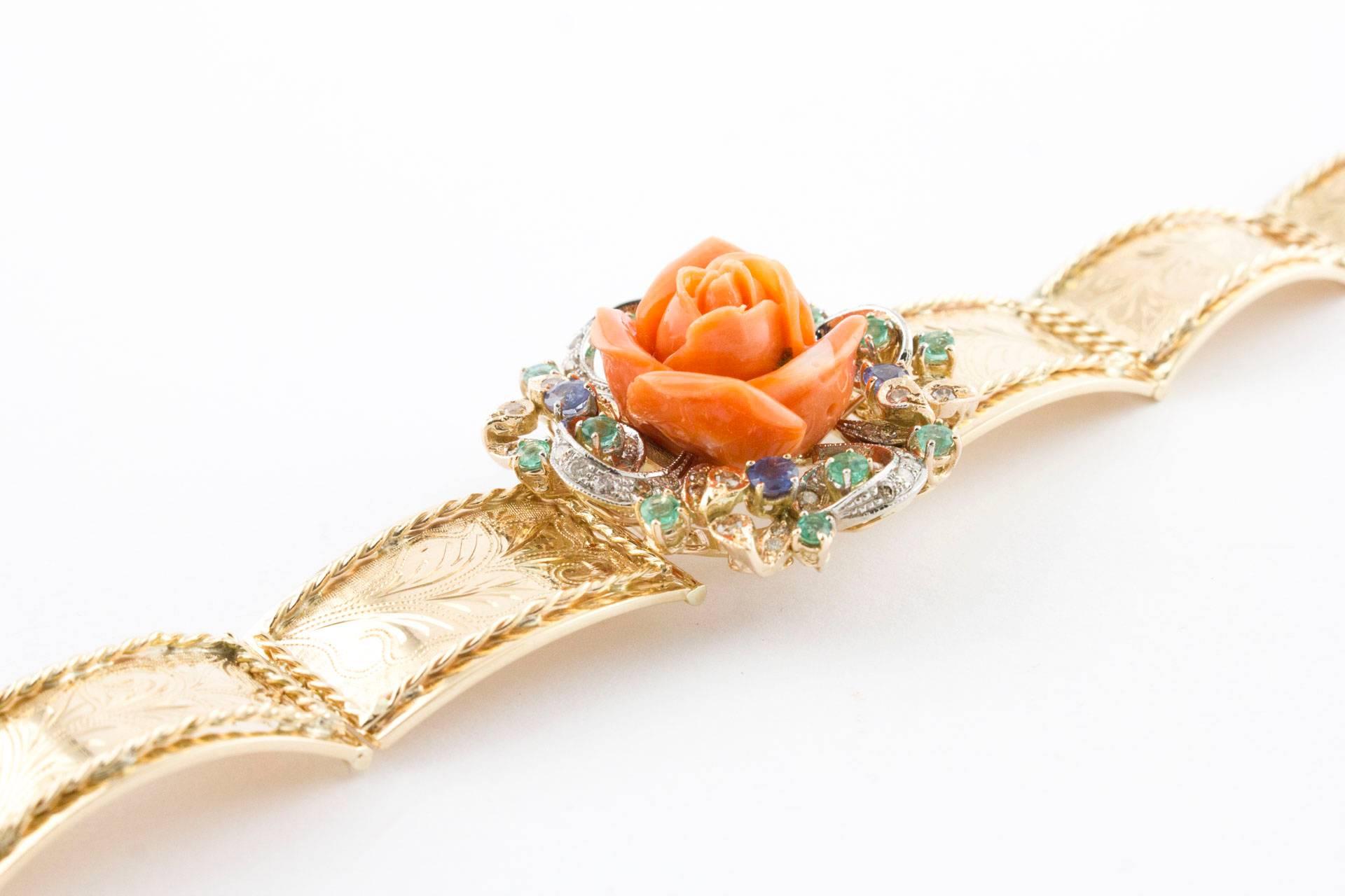 Retro Diamonds Emeralds Sapphires and Orange Coral Flower, Rose Gold Retrò Bracelet  For Sale