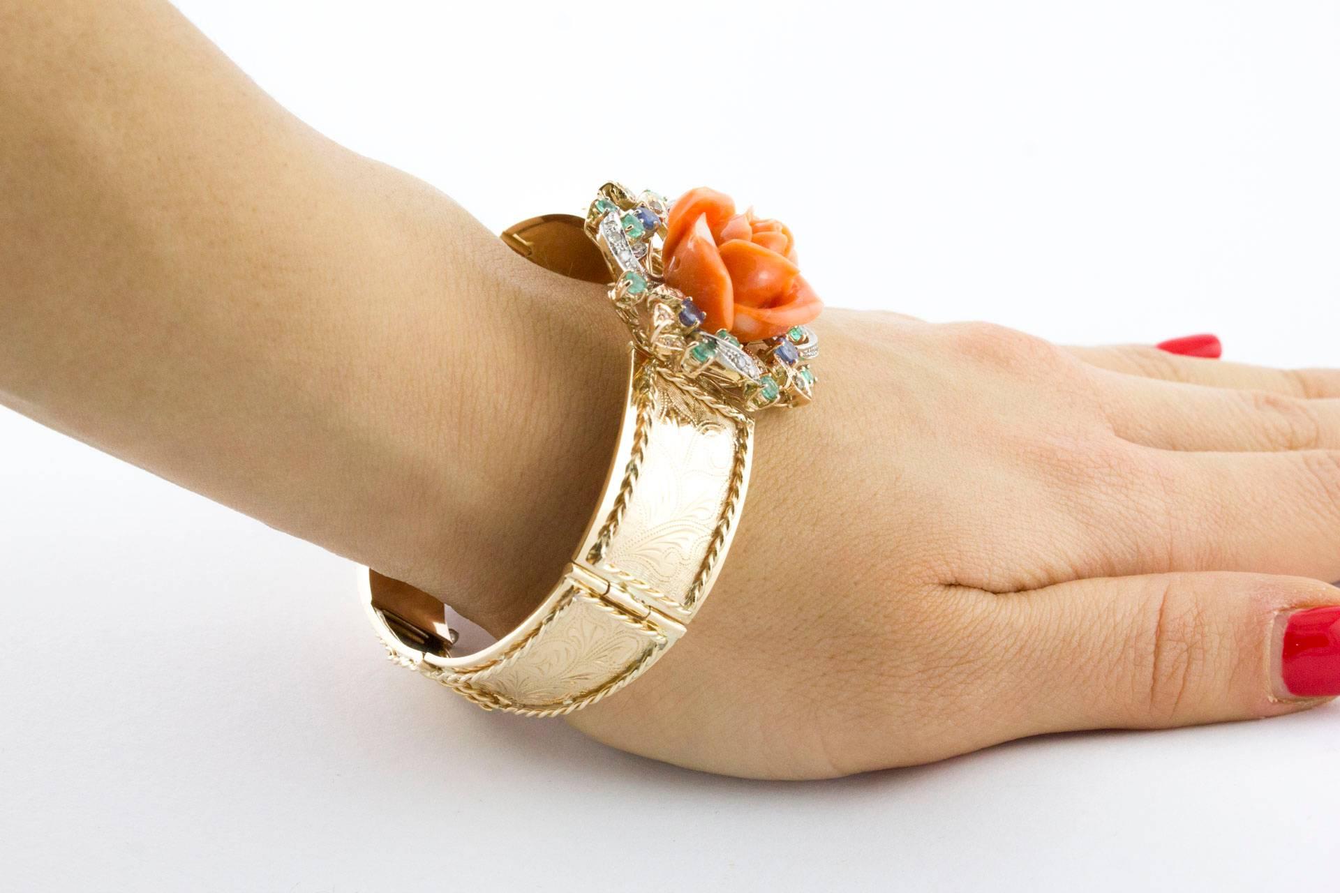 Mixed Cut Diamonds Emeralds Sapphires and Orange Coral Flower, Rose Gold Retrò Bracelet  For Sale