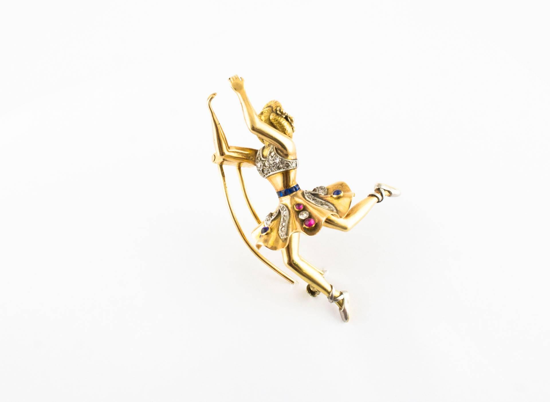 Women's Diamonds Rubies and Sapphires Wagtail Gold Brooch 