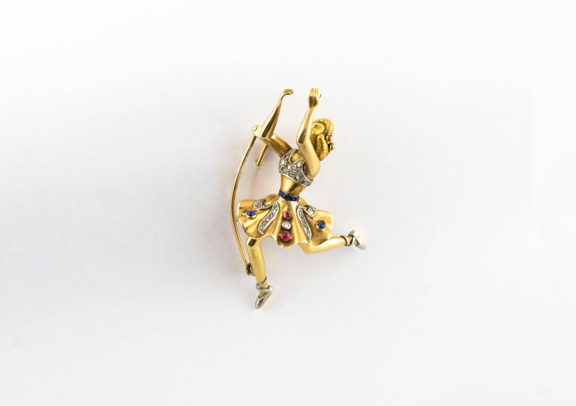 Diamonds Rubies and Sapphires Wagtail Gold Brooch  1
