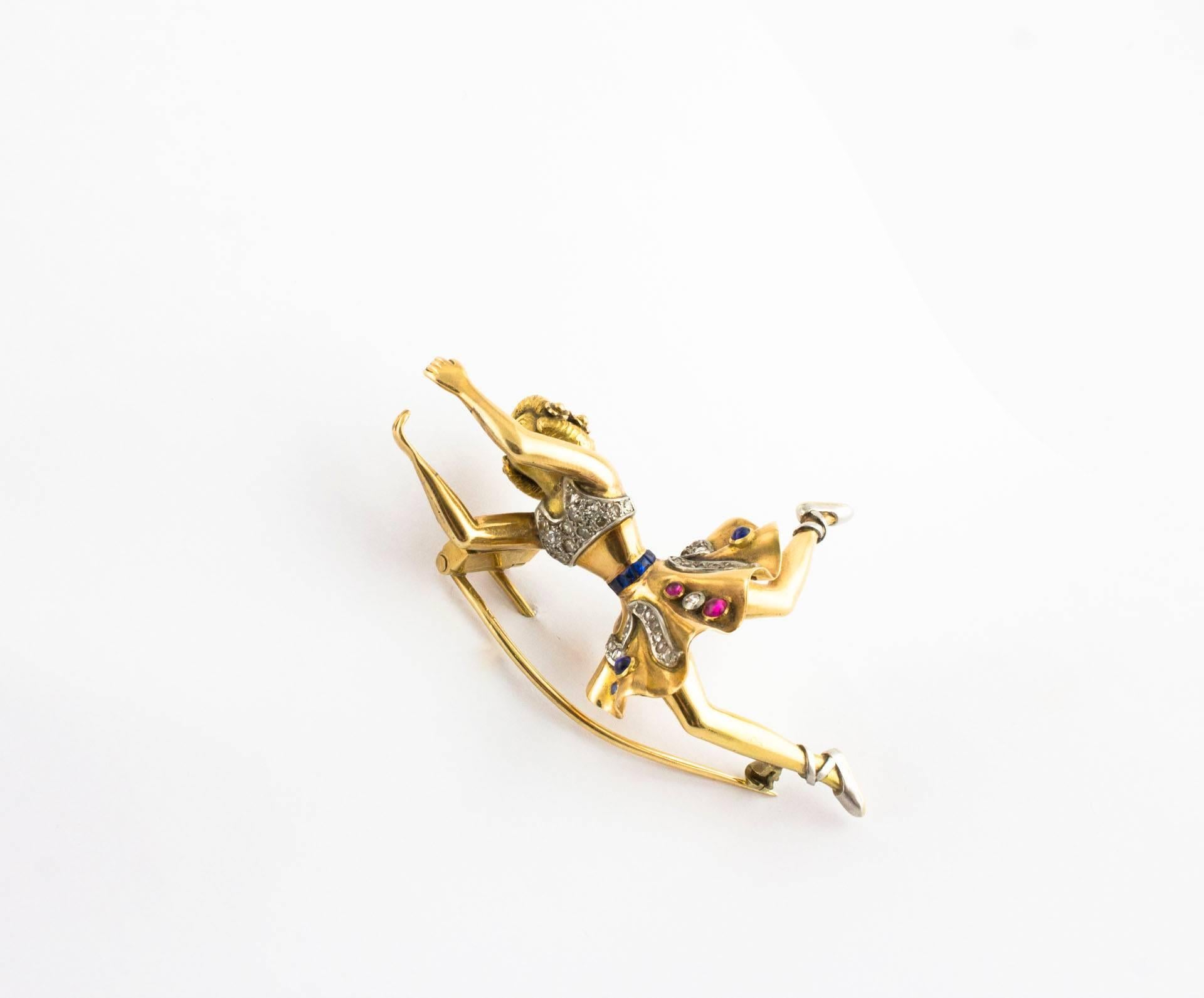 Diamonds Rubies and Sapphires Wagtail Gold Brooch  2