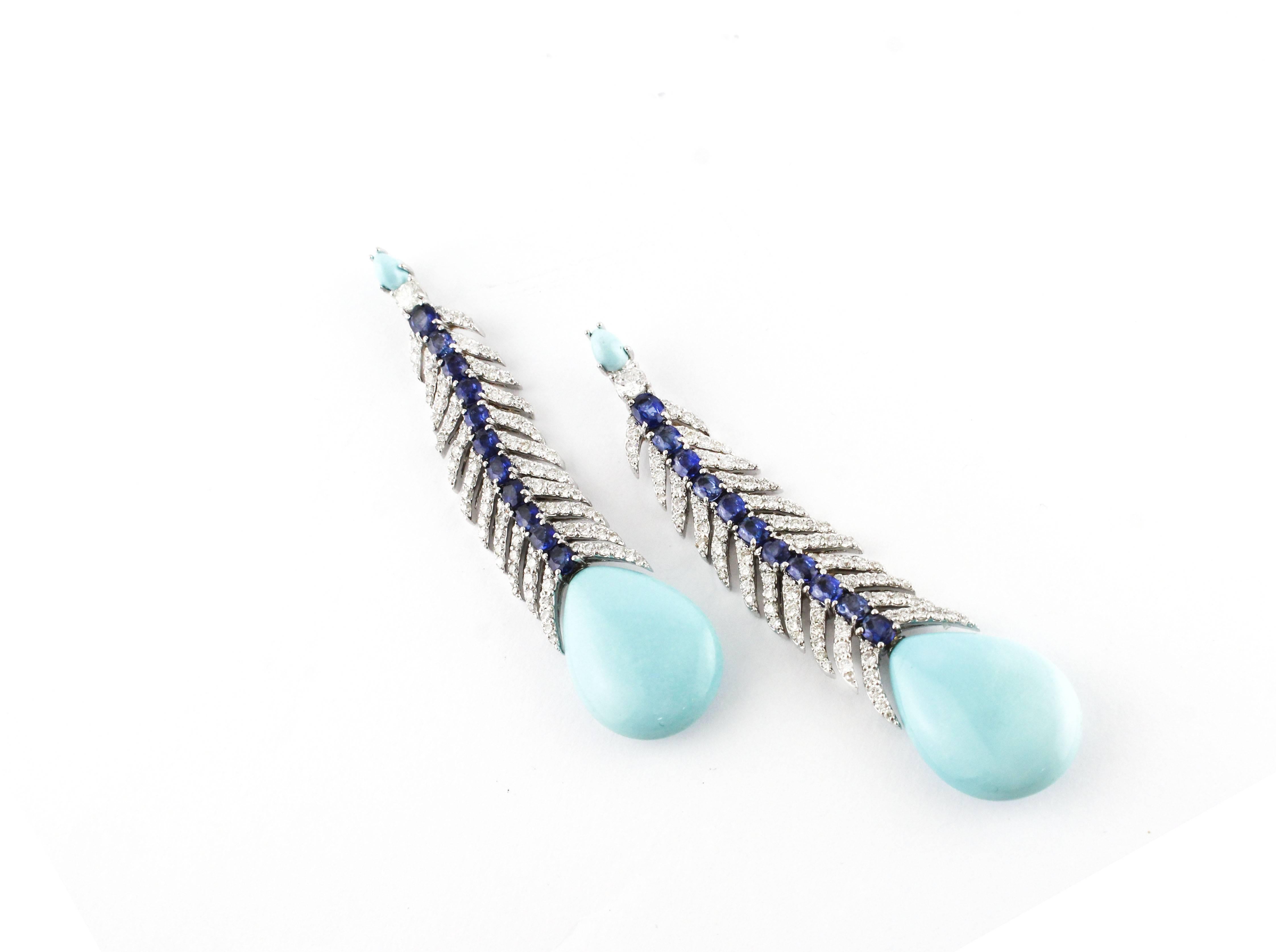 Women's Dangle Earrings with Diamonds, Sapphires and Turquoise