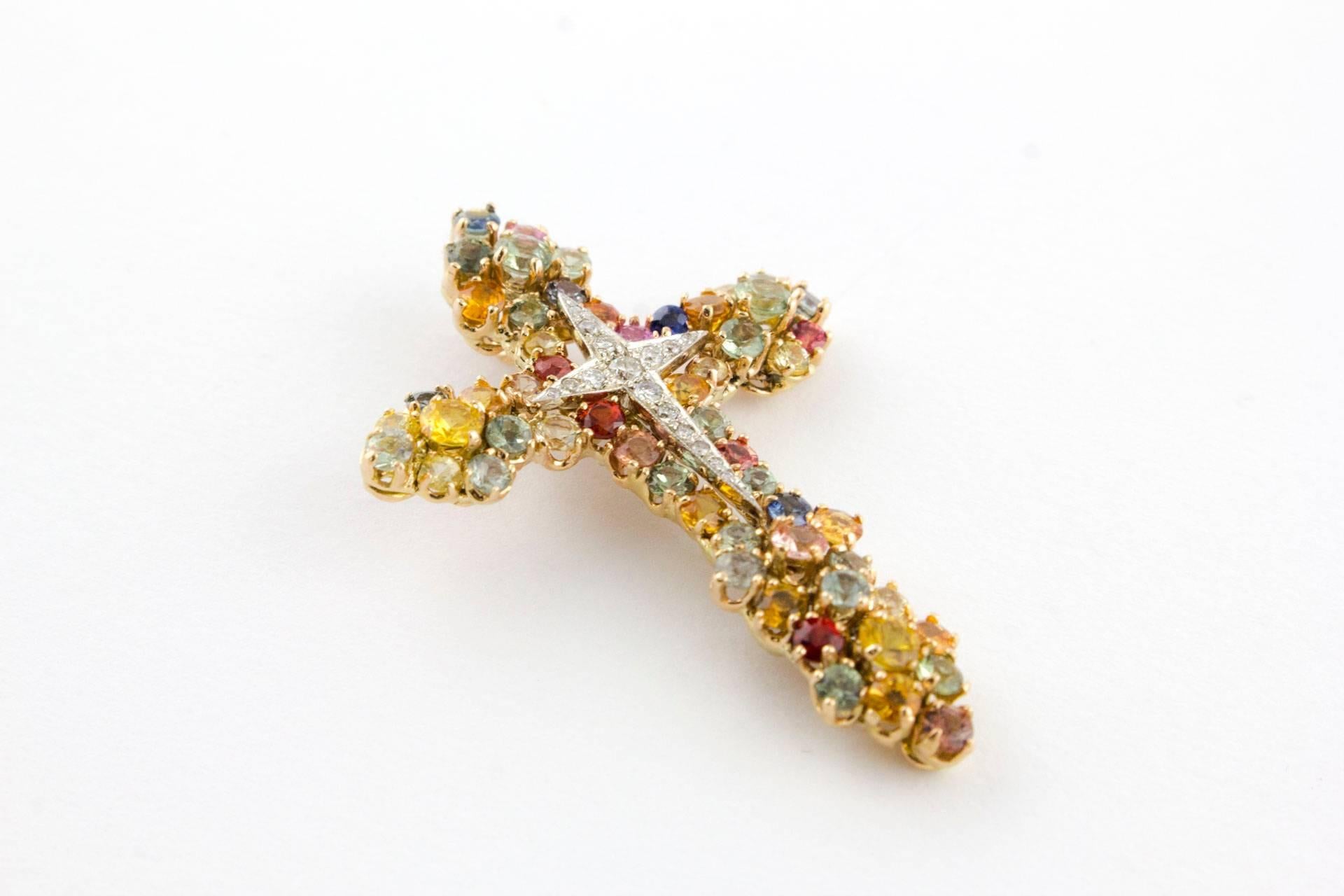 Diamonds Multicolour Sapphires Rose Gold Cross Pendant  In Good Condition In Marcianise, Marcianise (CE)