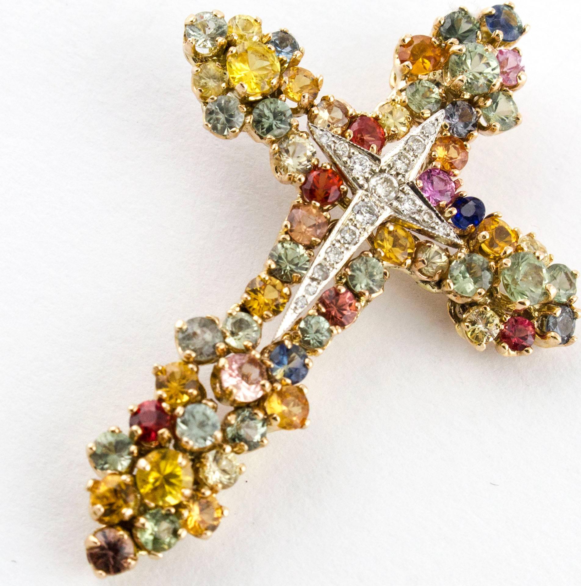 Women's Diamonds Multicolour Sapphires Rose Gold Cross Pendant 