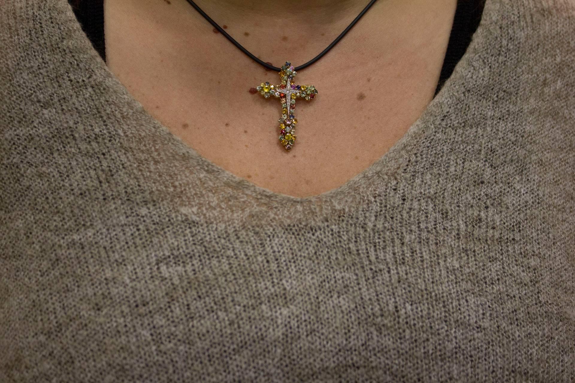 Diamonds Multicolour Sapphires Rose Gold Cross Pendant  4