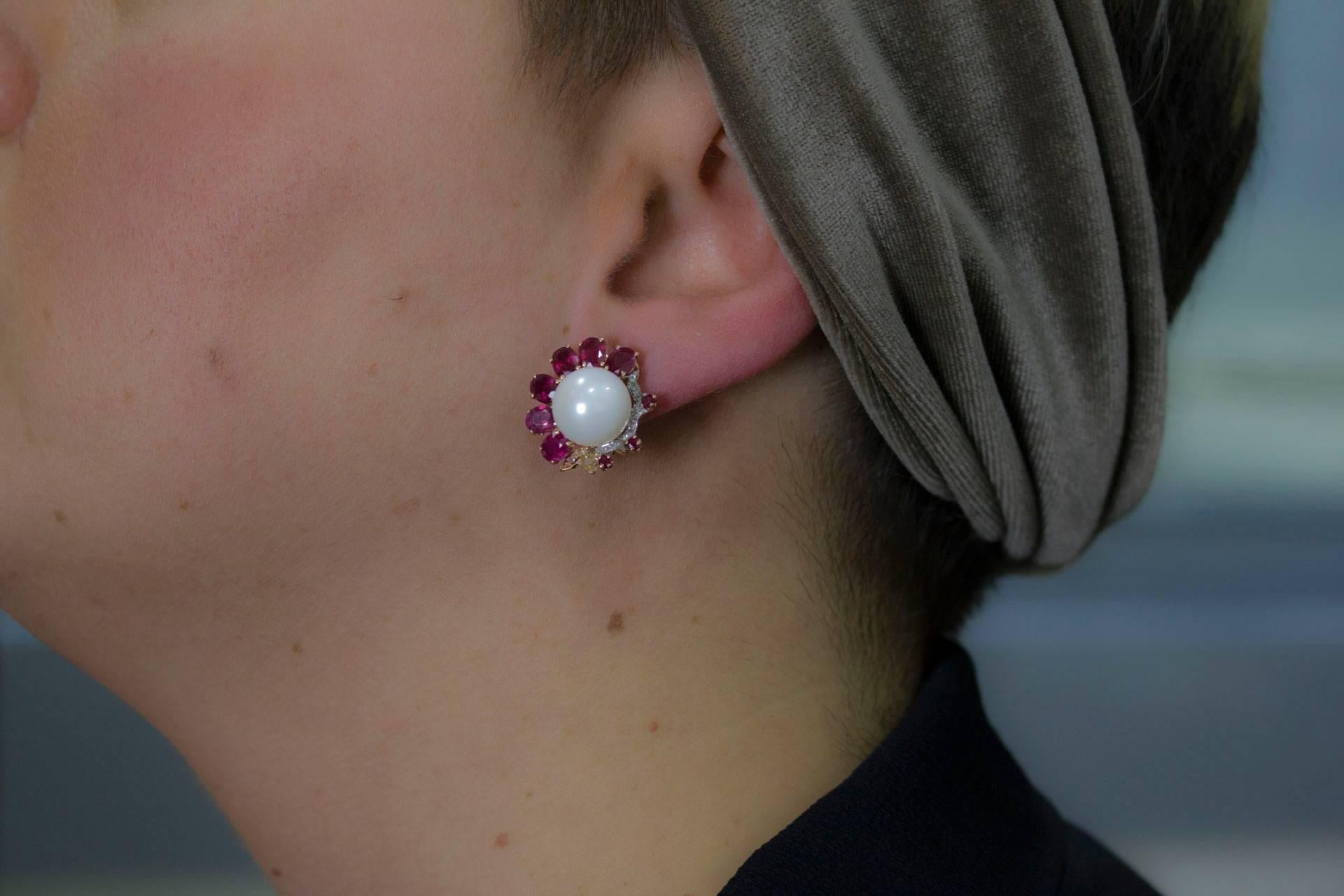 Mixed Cut Diamonds Rubies Pearls Rose Gold Drop Earrings