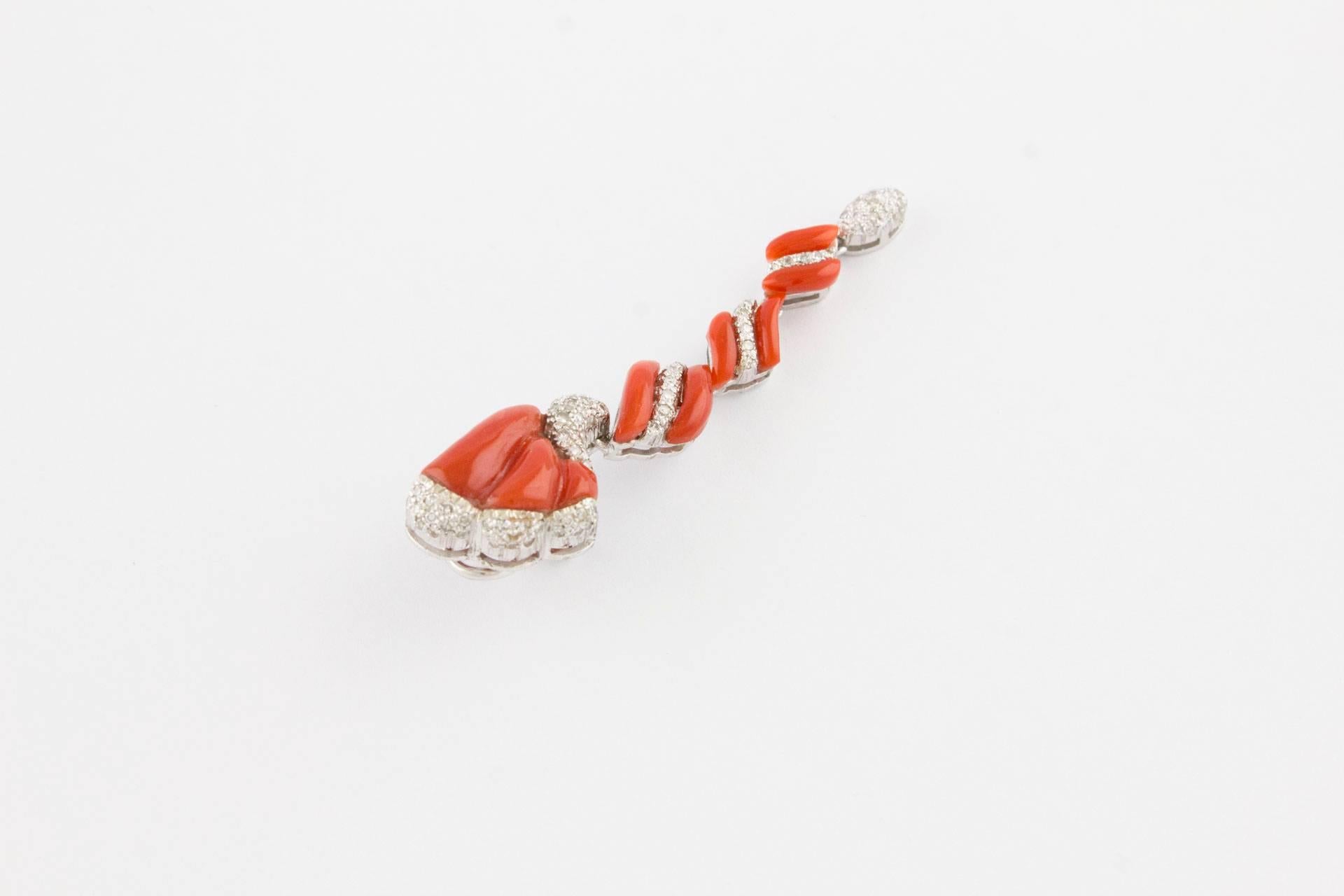 Brilliant Cut Engraved Red Coral, White Diamonds, 14K White Gold Spiral Clip-on Earrings