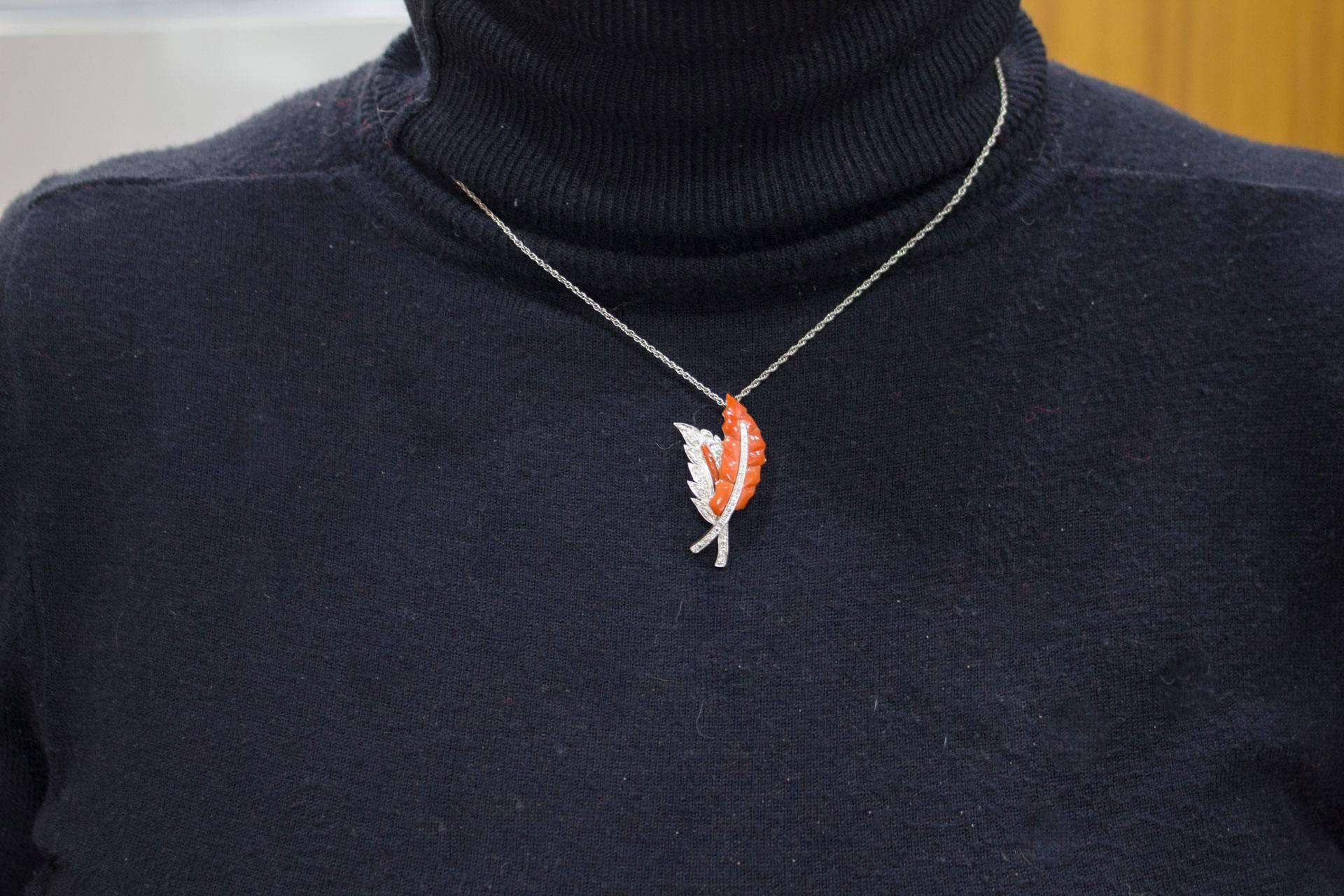 Diamonds, Red Coral Leave, 14K White Gold, Leaves Shape Pendant Necklace For Sale 1