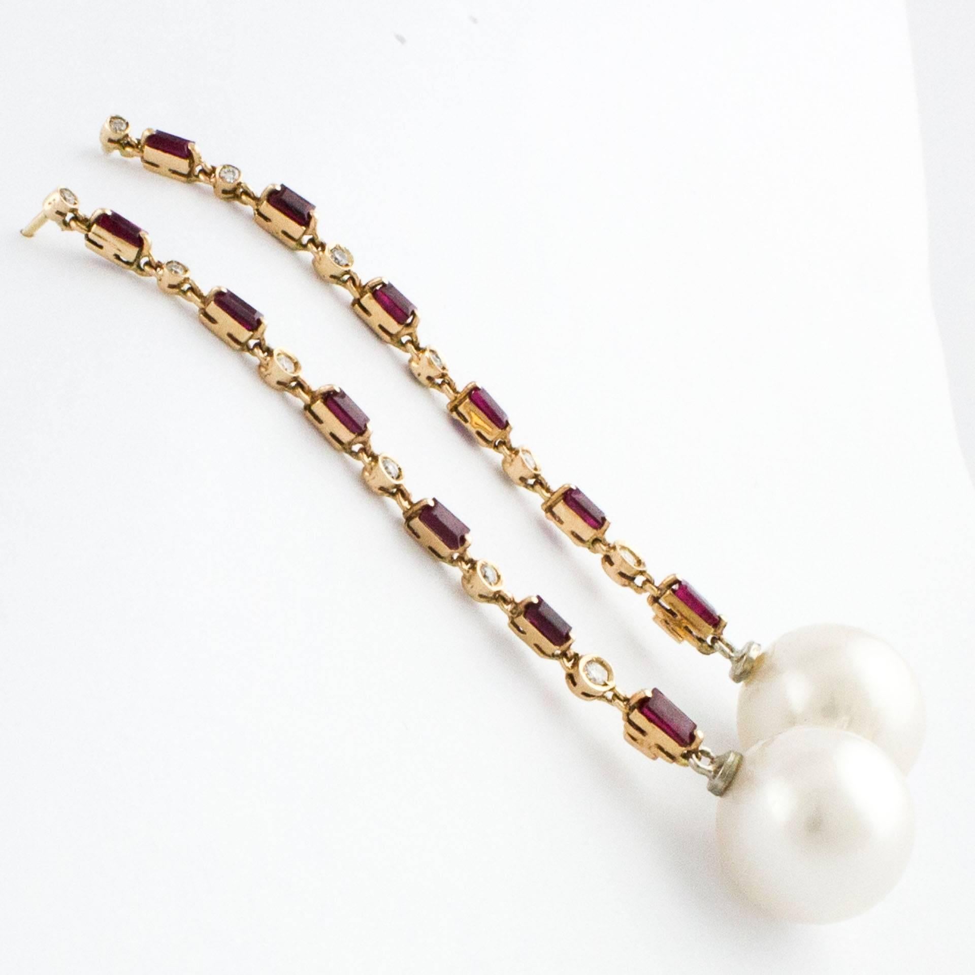 Retro Dangle Rose Gold Earrings with Diamonds, Rubies and Australian Pearls
