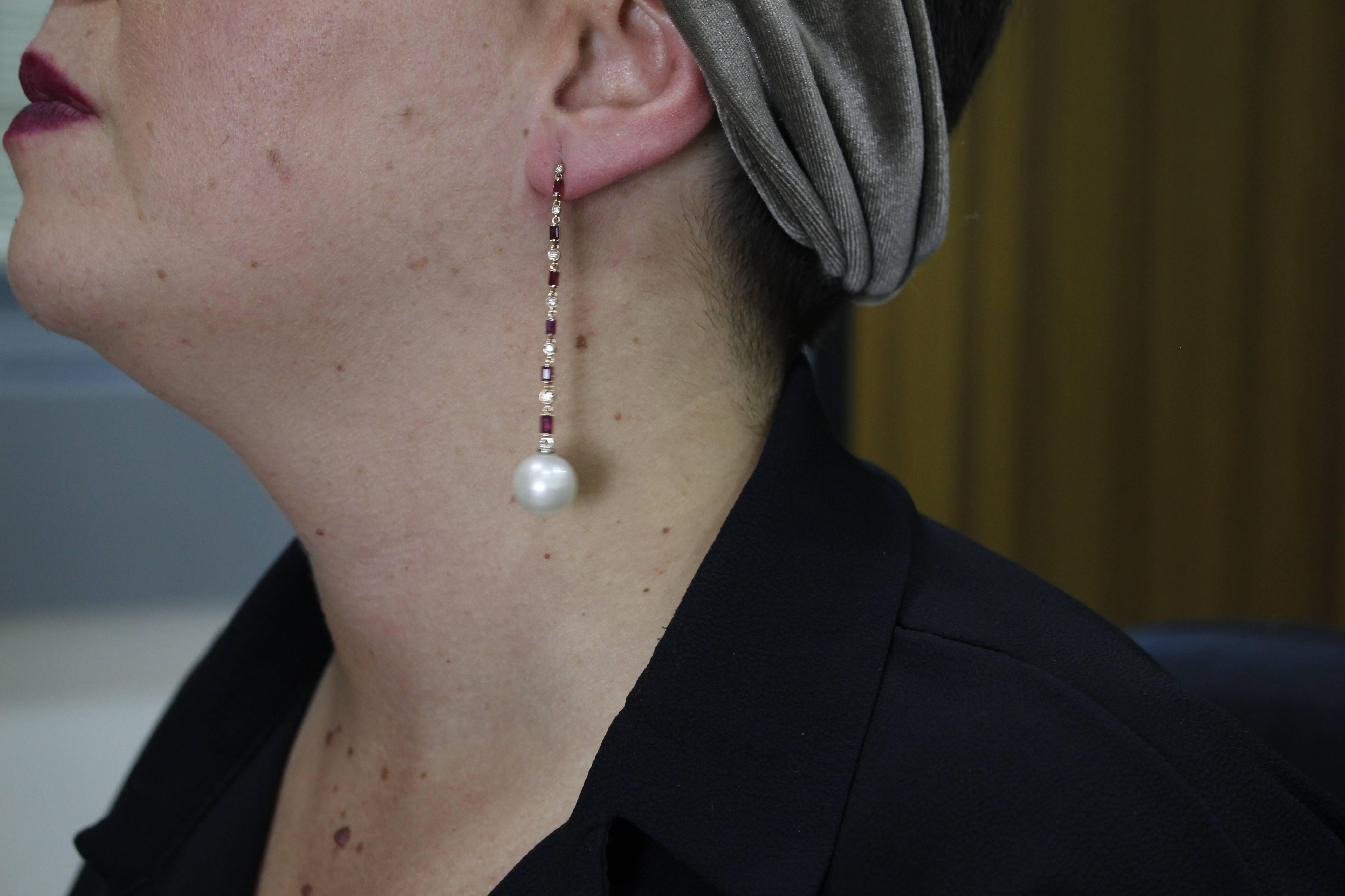 Women's Dangle Rose Gold Earrings with Diamonds, Rubies and Australian Pearls