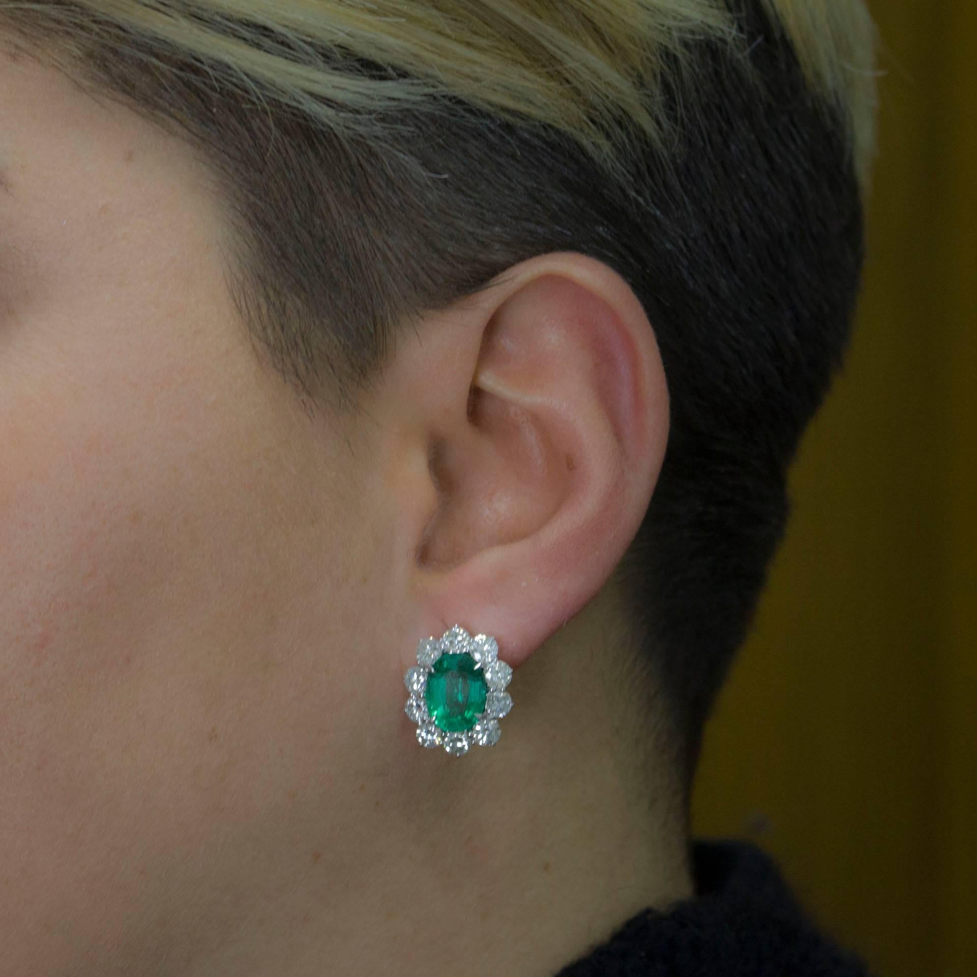 Mixed Cut Diamonds Emeralds White Gold Clip-on Earrings   For Sale