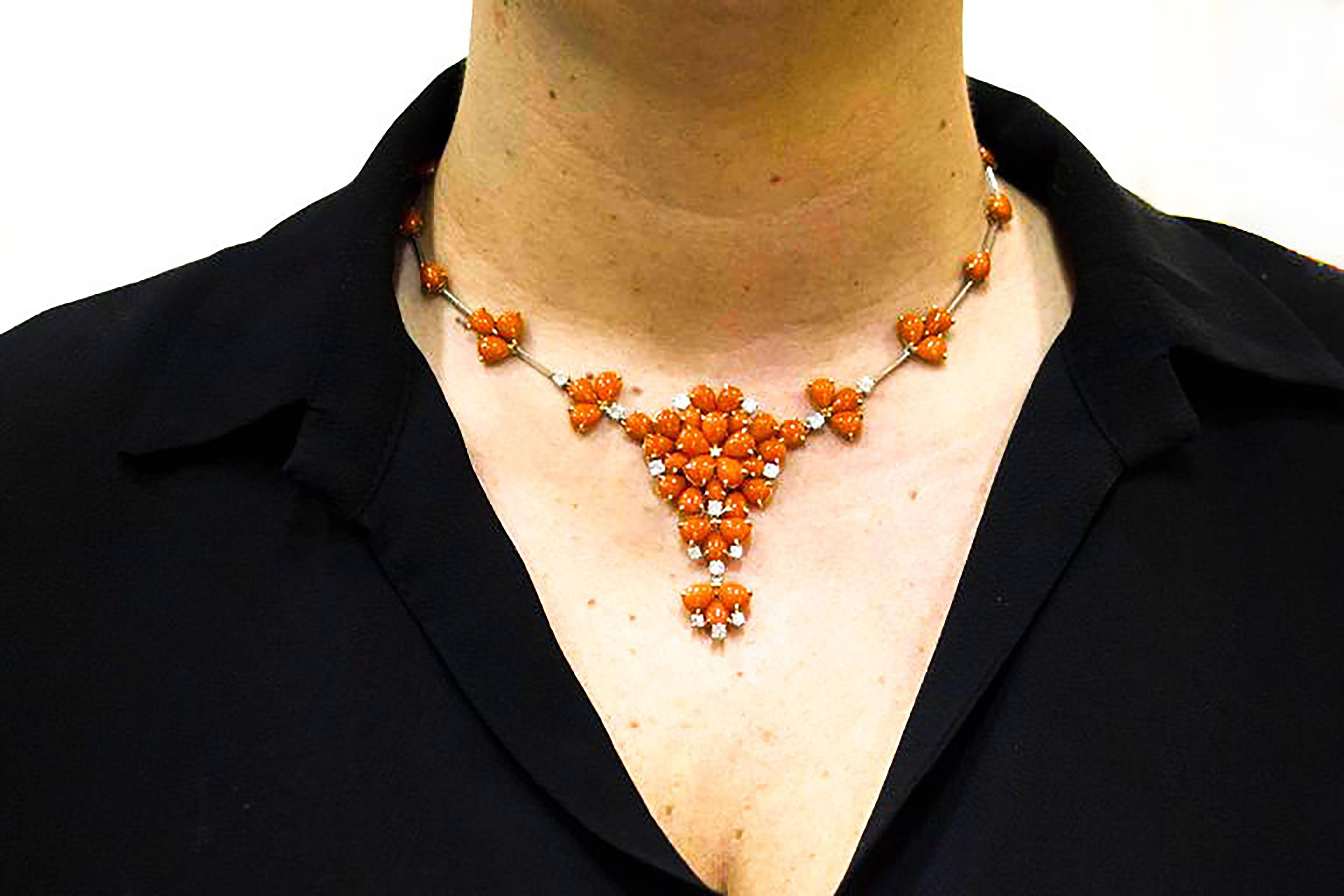 Old European Cut Red Coral Drops, Diamonds, Rose Gold Fashion Design Necklace For Sale