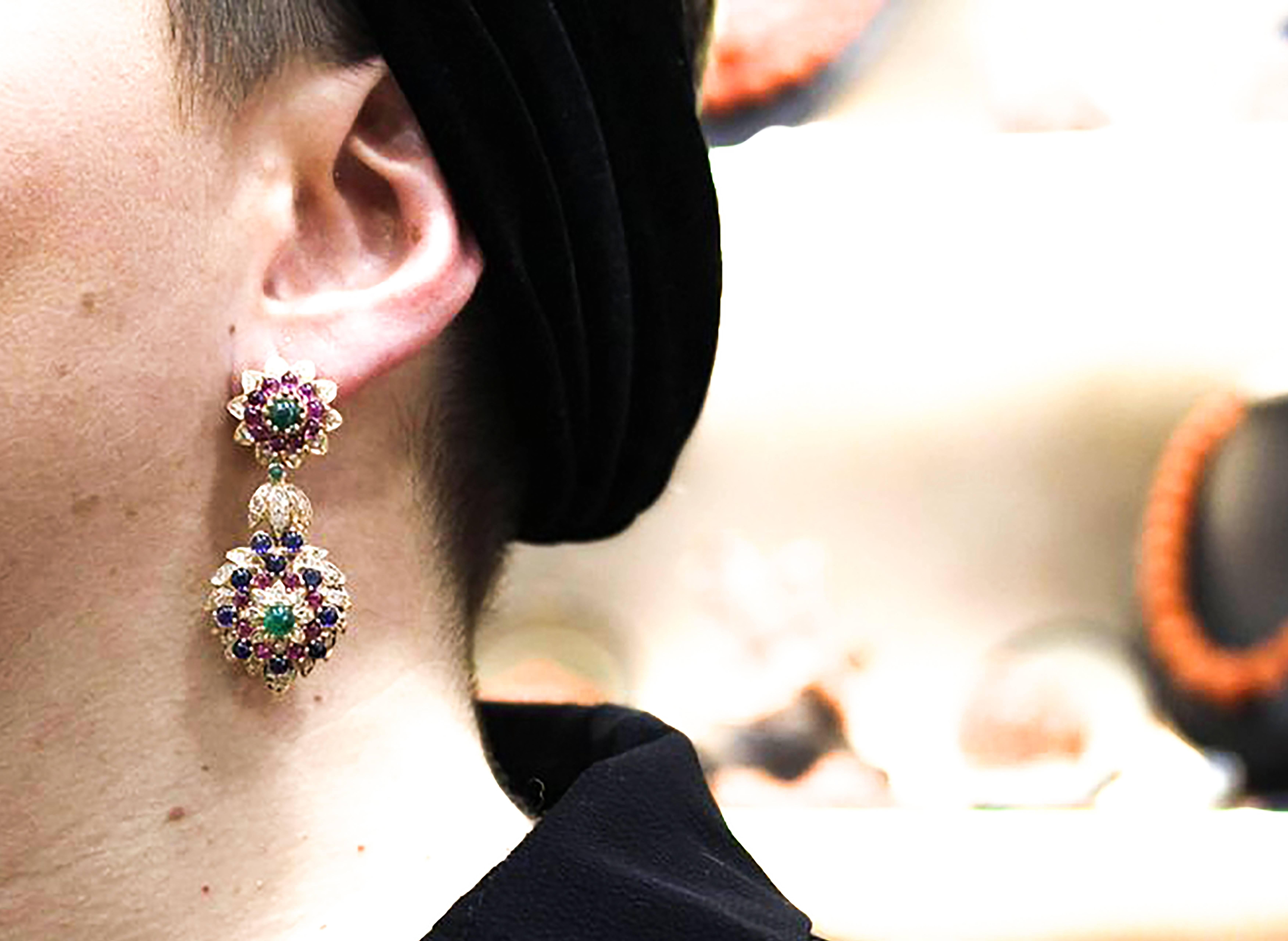 Women's Diamonds Sapphires Rubies Emeralds Rose Gold Dangling Earrings