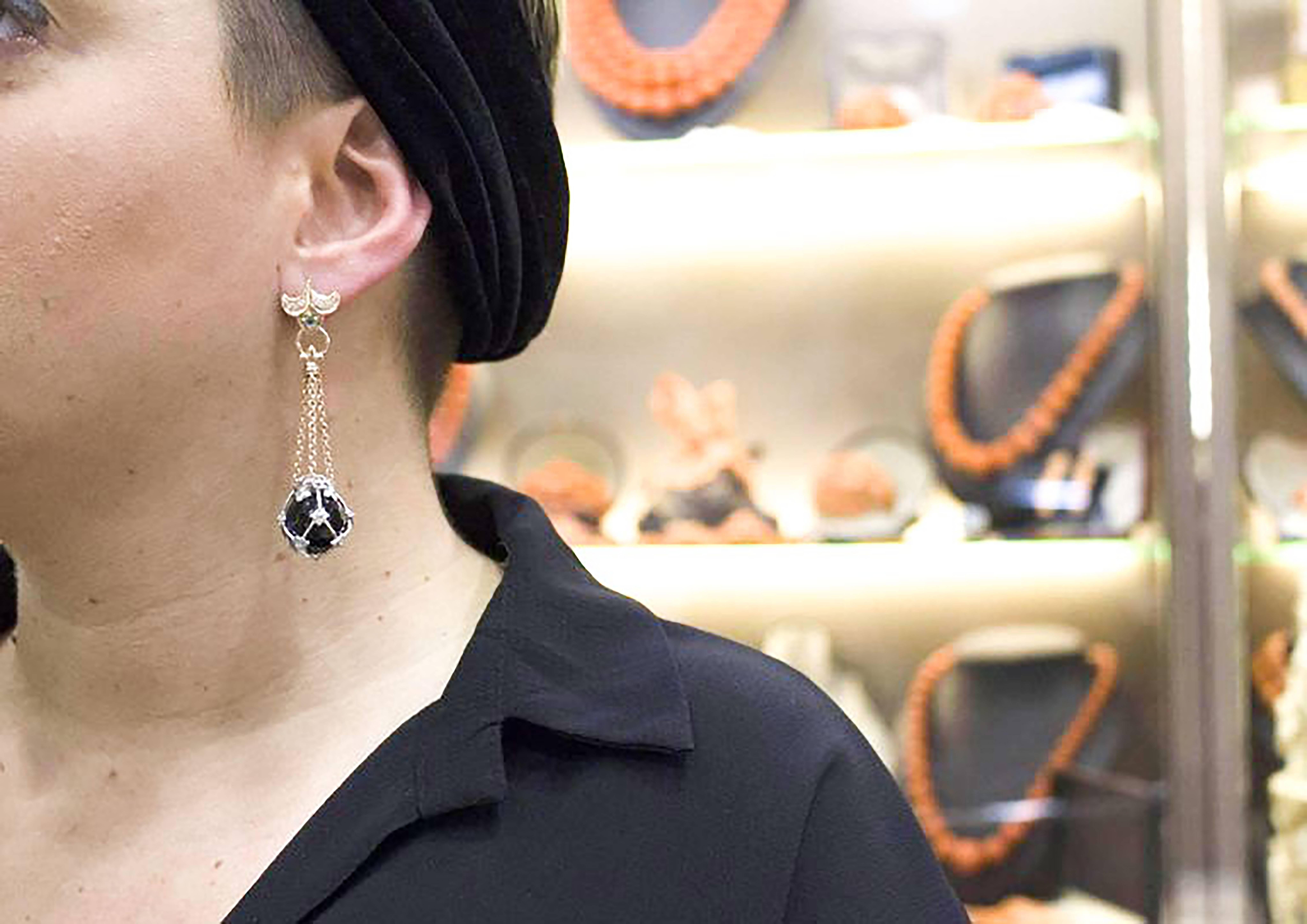 Retro Diamonds Onyx Emeralds Rose Gold Dangling Earrings
