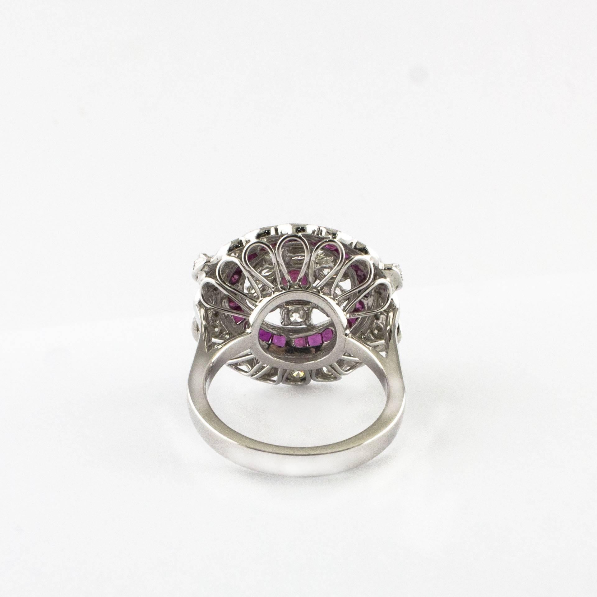 Retro Circular Diamond Ruby White Gold Cocktail Ring For Sale