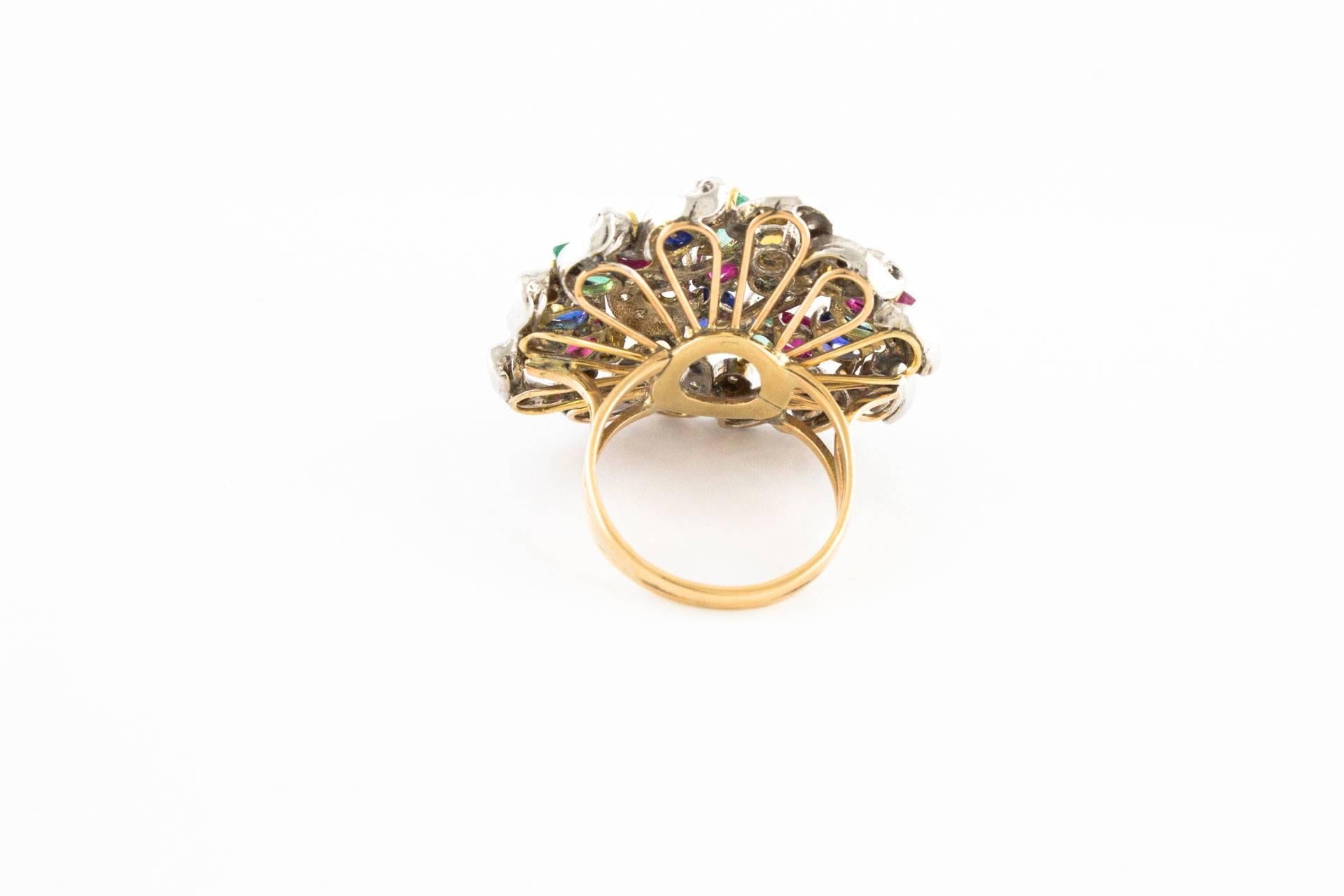 Retro Sapphires Emeralds Rubies Diamonds Rose Gold Cluster Ring