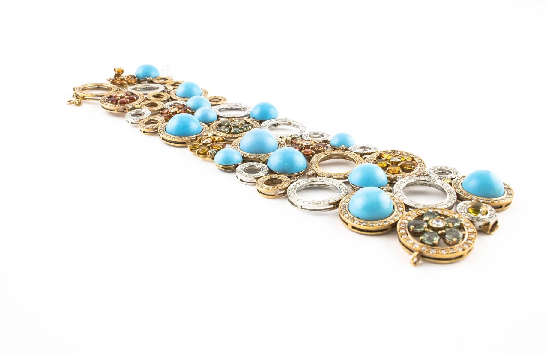 Women's Diamonds, Sapphires, Turquoise, 14 Karat Rose and White  Gold  Bracelet.