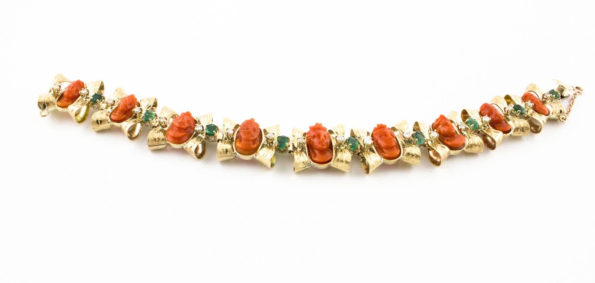 Women's Engraved Faces on Red Corals, Diamonds, Emeralds Rose Gold Elegant Bracelet
