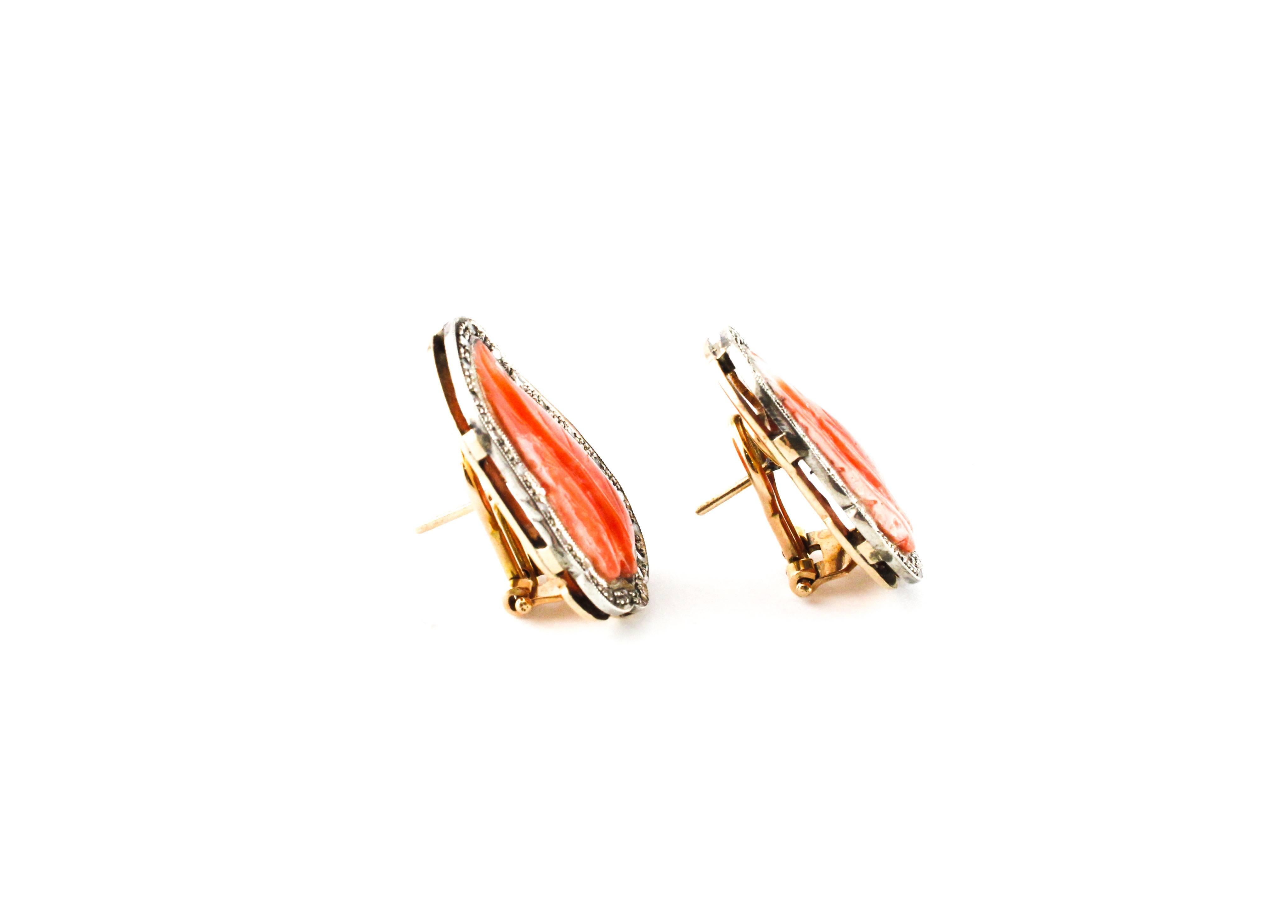 Retro Engraved Red Coral Leaves, Diamonds, Rose Gold and Silver Clip-on Earrings 