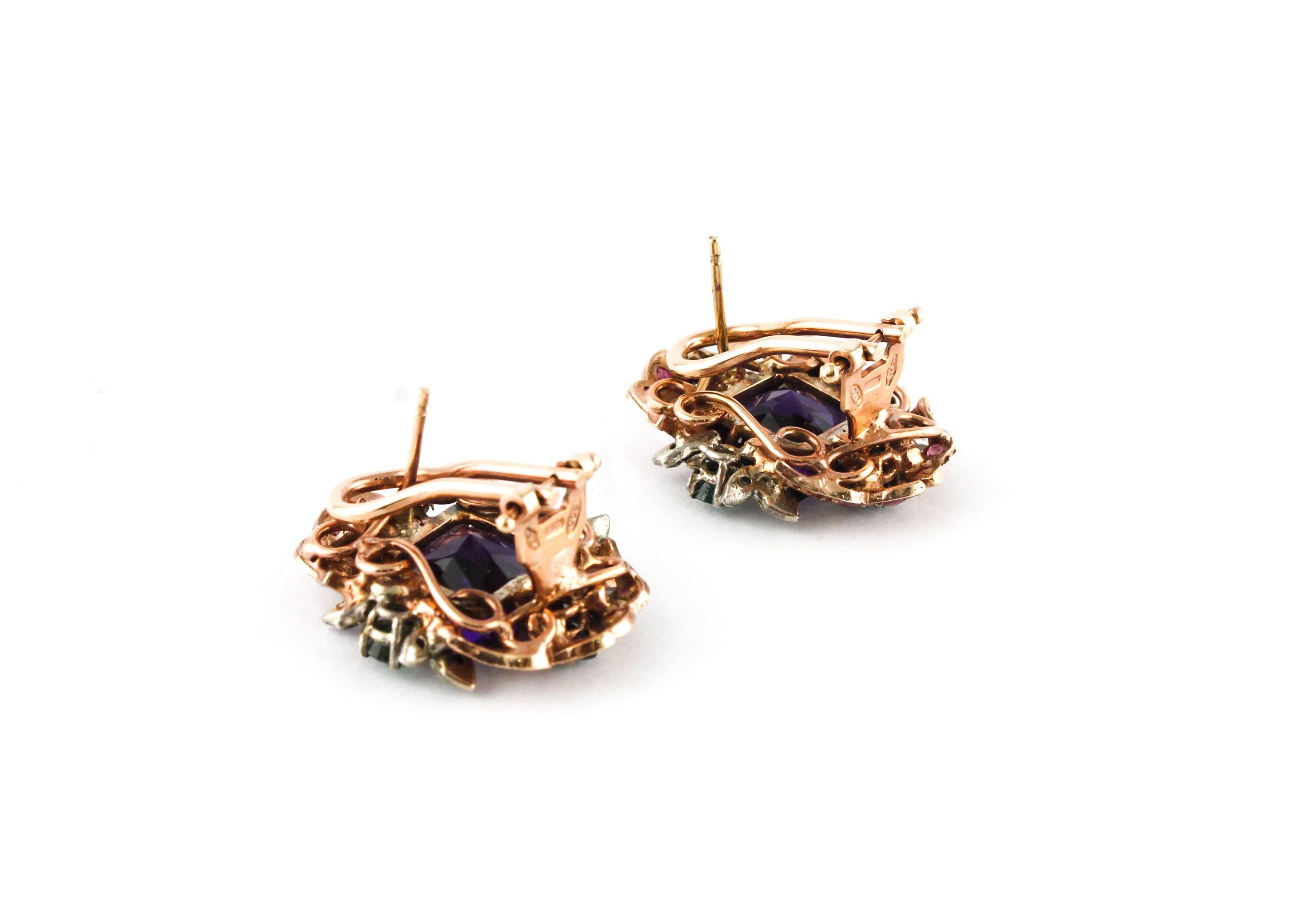  Amethyst Sapphires Ruby Emeralds Diamonds  Rose Gold and silver Earring In Good Condition In Marcianise, Marcianise (CE)
