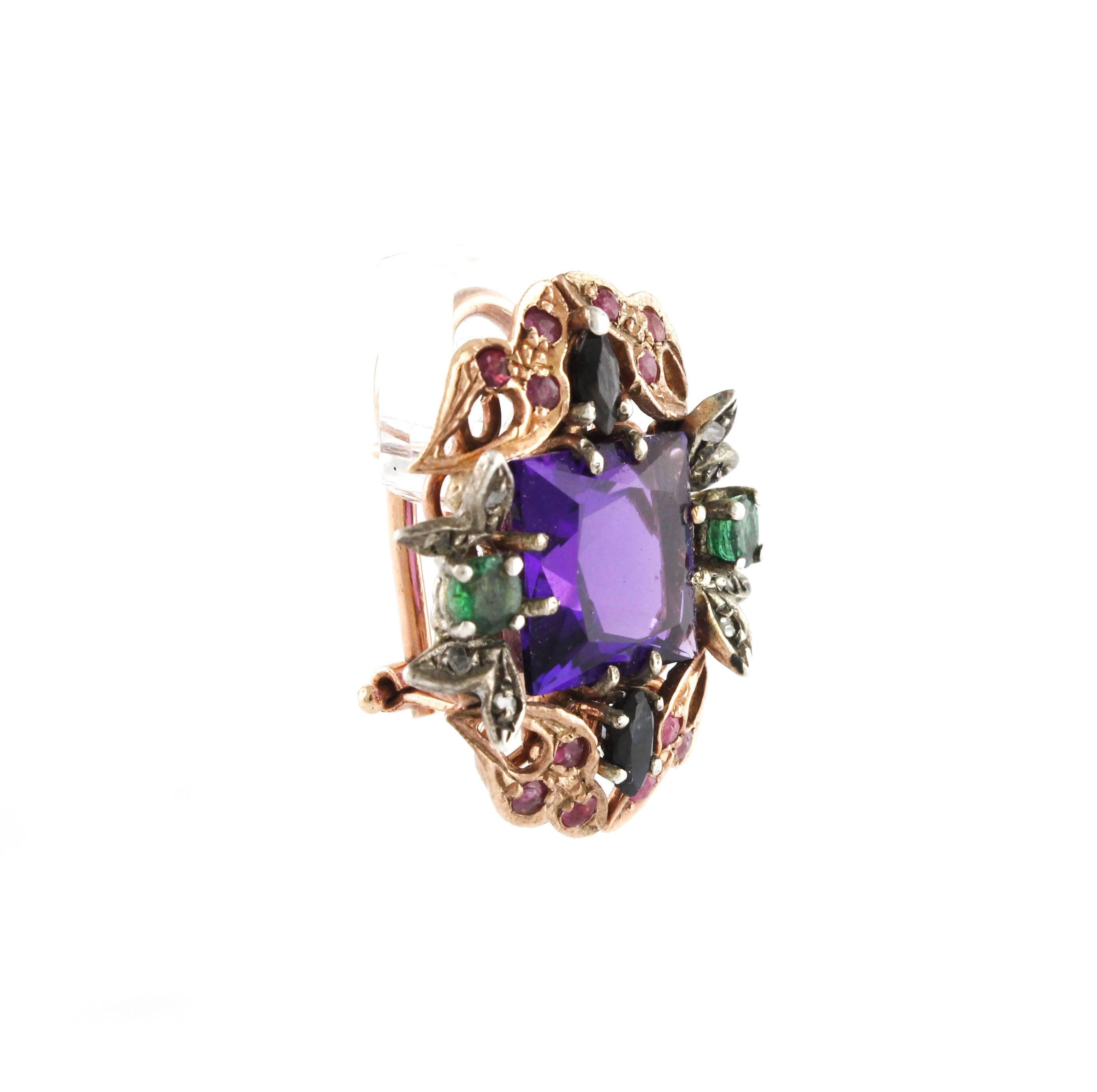 Retro  Amethyst Sapphires Ruby Emeralds Diamonds  Rose Gold and silver Earring
