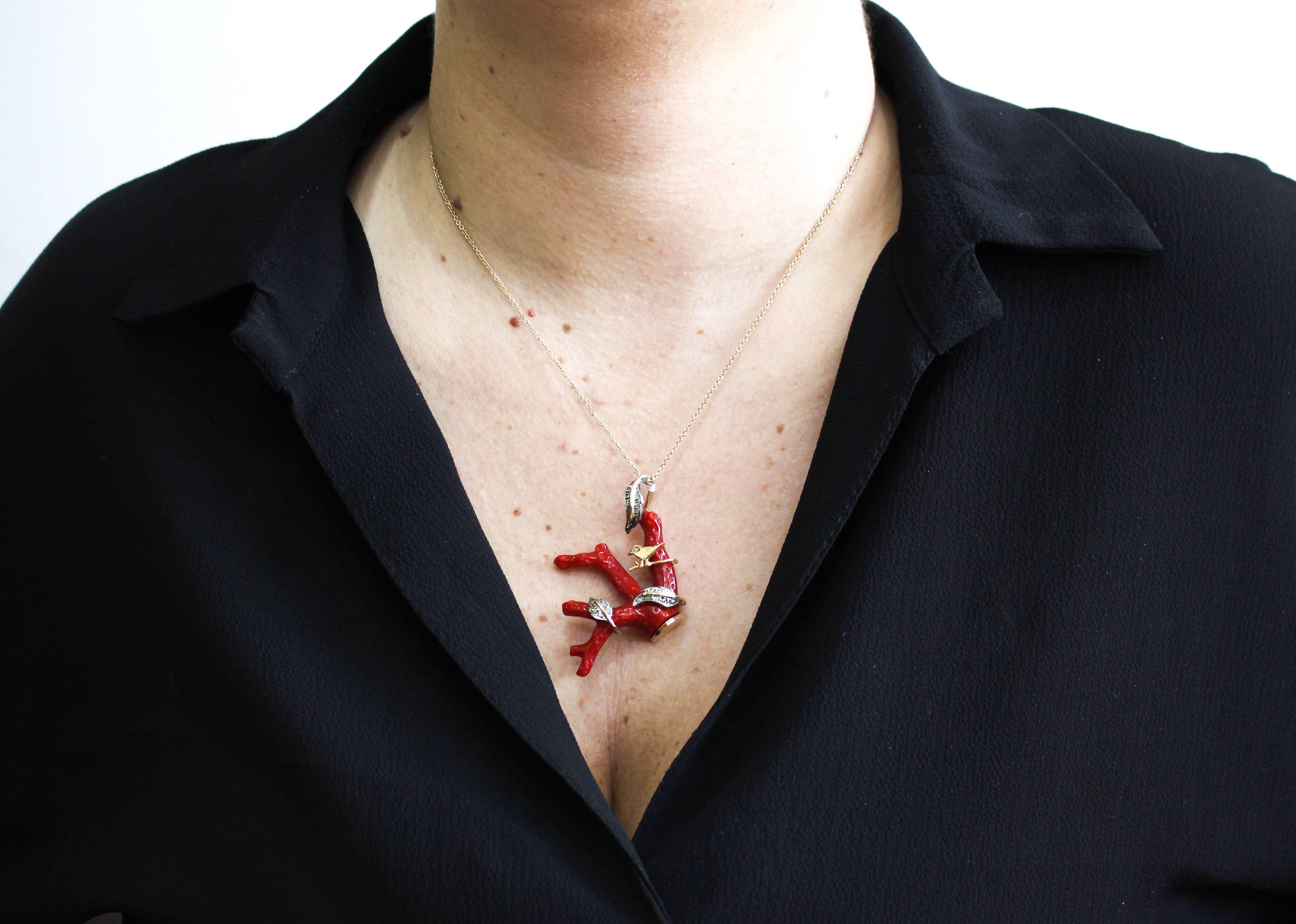 Mixed Cut Diamonds, Red Coral Branch Shape, Rose Gold and Silver Branch Pendant Necklace