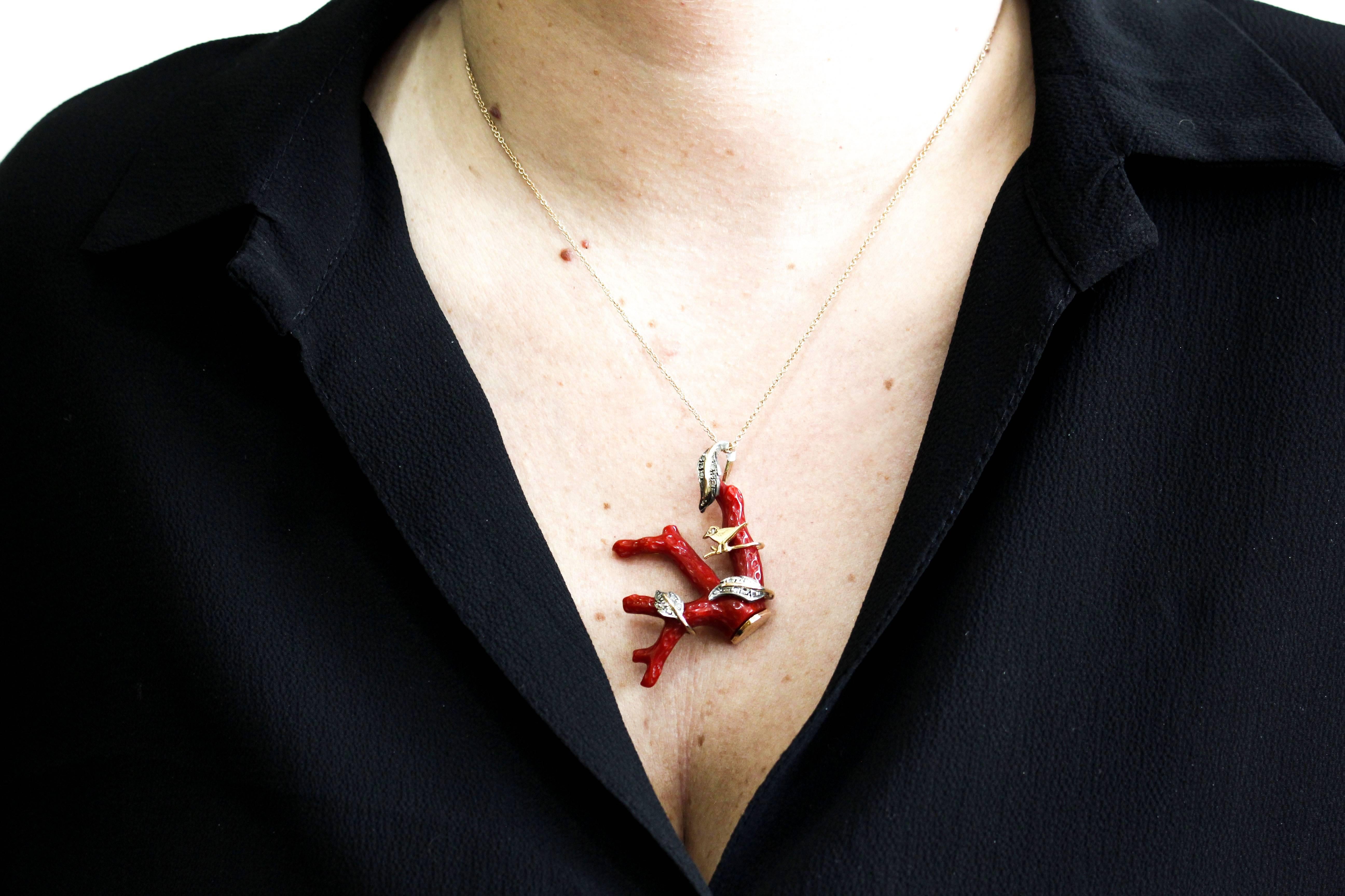 Retro Diamonds, Red Coral Branch Shape, Rose Gold and Silver Branch Pendant Necklace