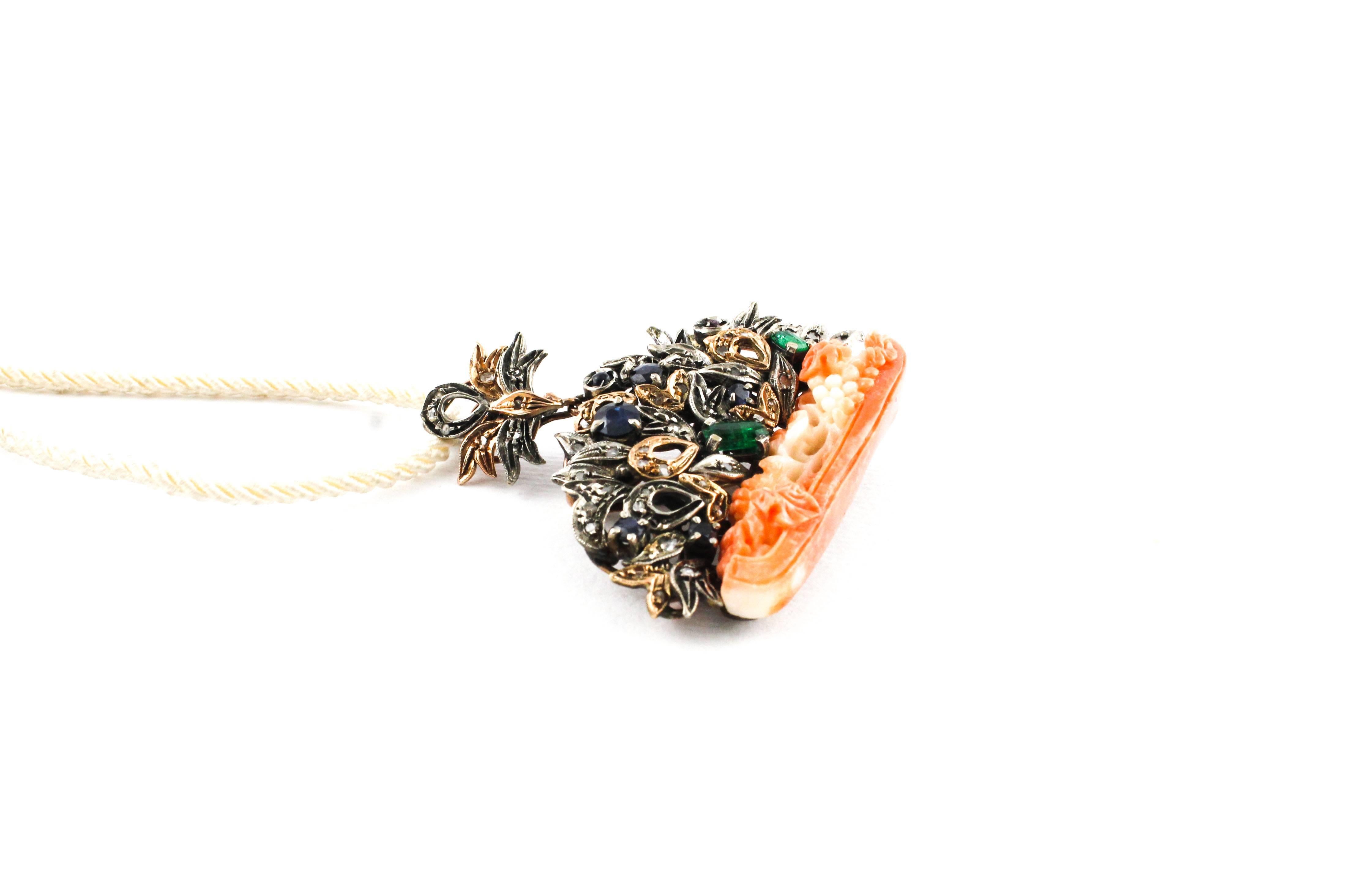 Retro Orange Coral, Diamond, Ruby, Emerald, Sapphire, Rose Gold/Silver Brooch/Pendant  For Sale