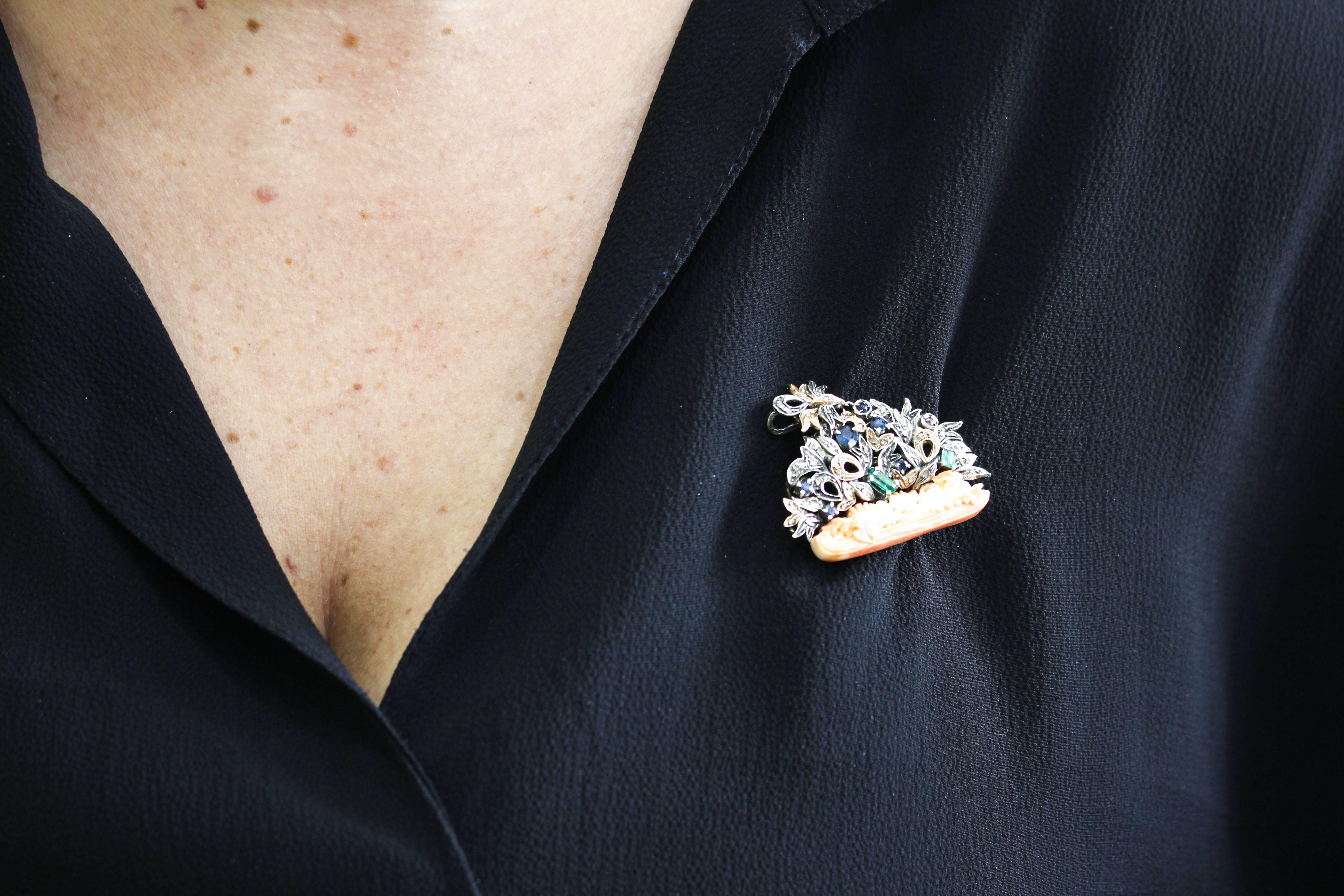 De las mujeres Broche/Colgante Coral Naranja, Diamante, Rubí, Esmeralda, Zafiro, Oro Rosa/Plata en venta