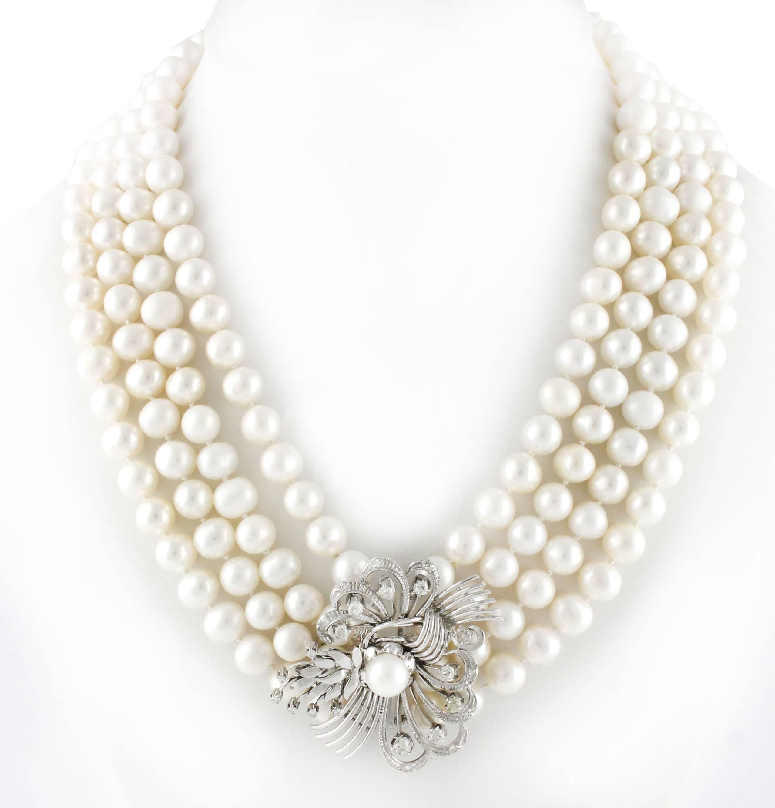 Retro Pendant Gold Diamonds Multi-Strand Pearls Necklace
