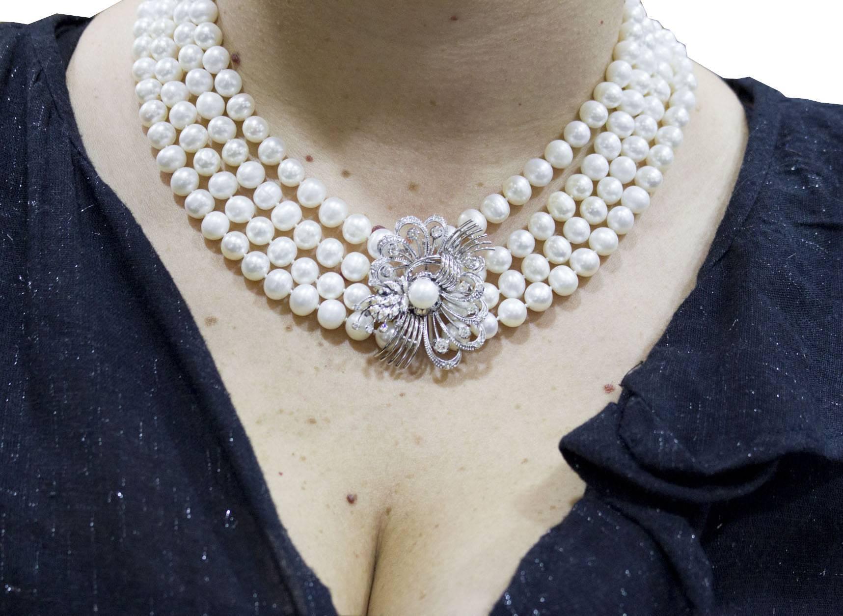Pendant Gold Diamonds Multi-Strand Pearls Necklace 3