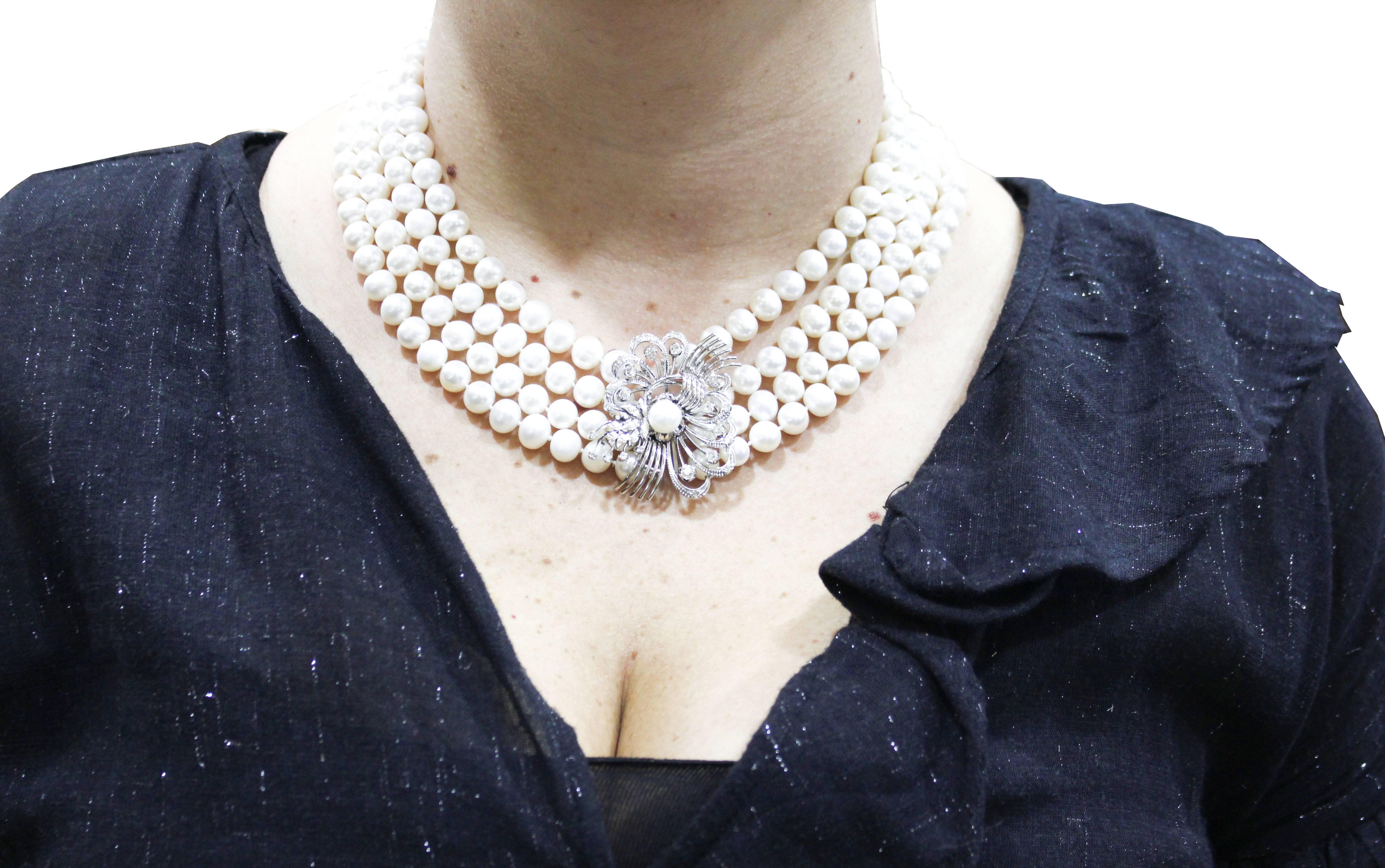 Pendant Gold Diamonds Multi-Strand Pearls Necklace 4