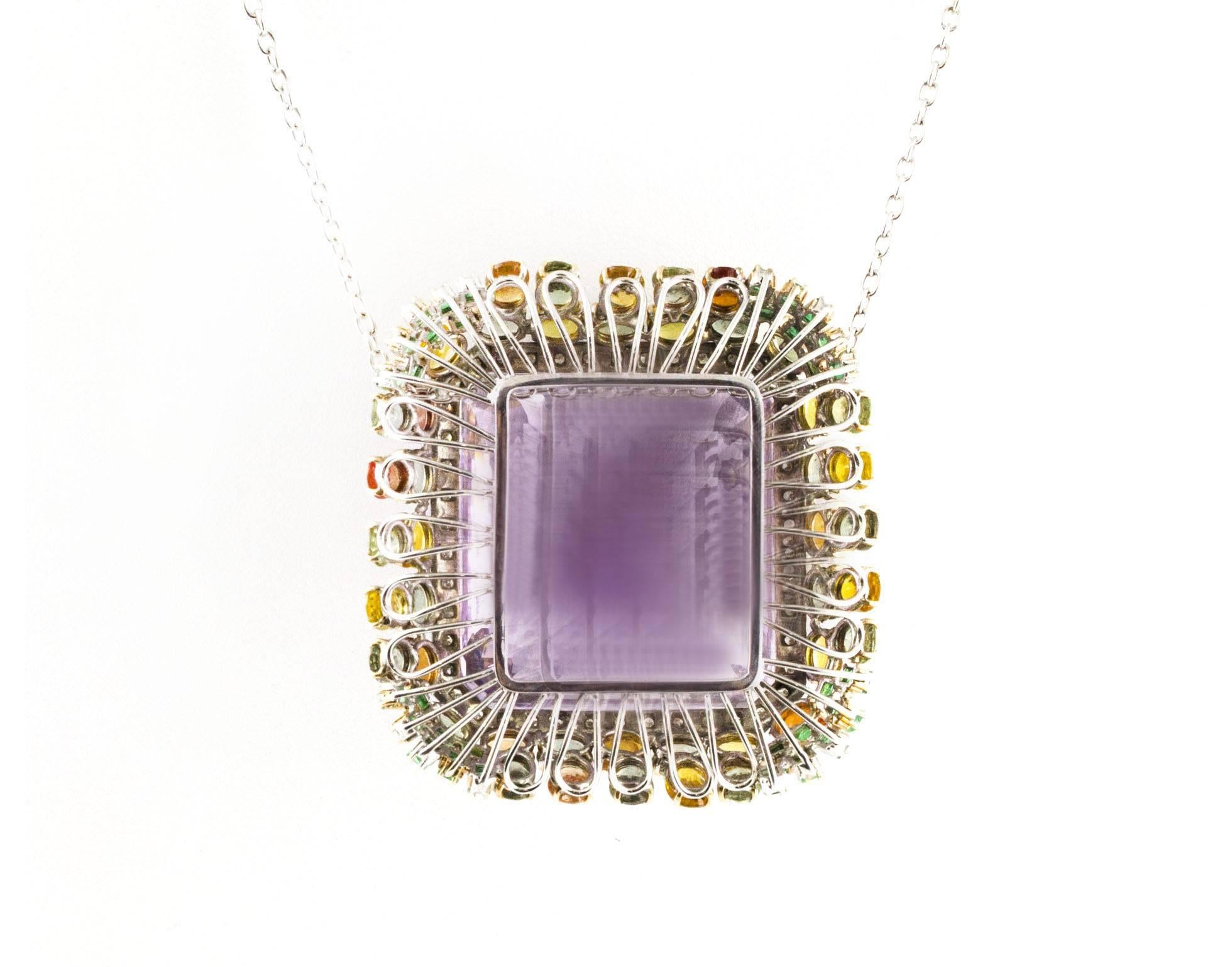 Brilliant Cut Diamonds Amethyst Sapphires Emerald White Gold Pendant For Sale