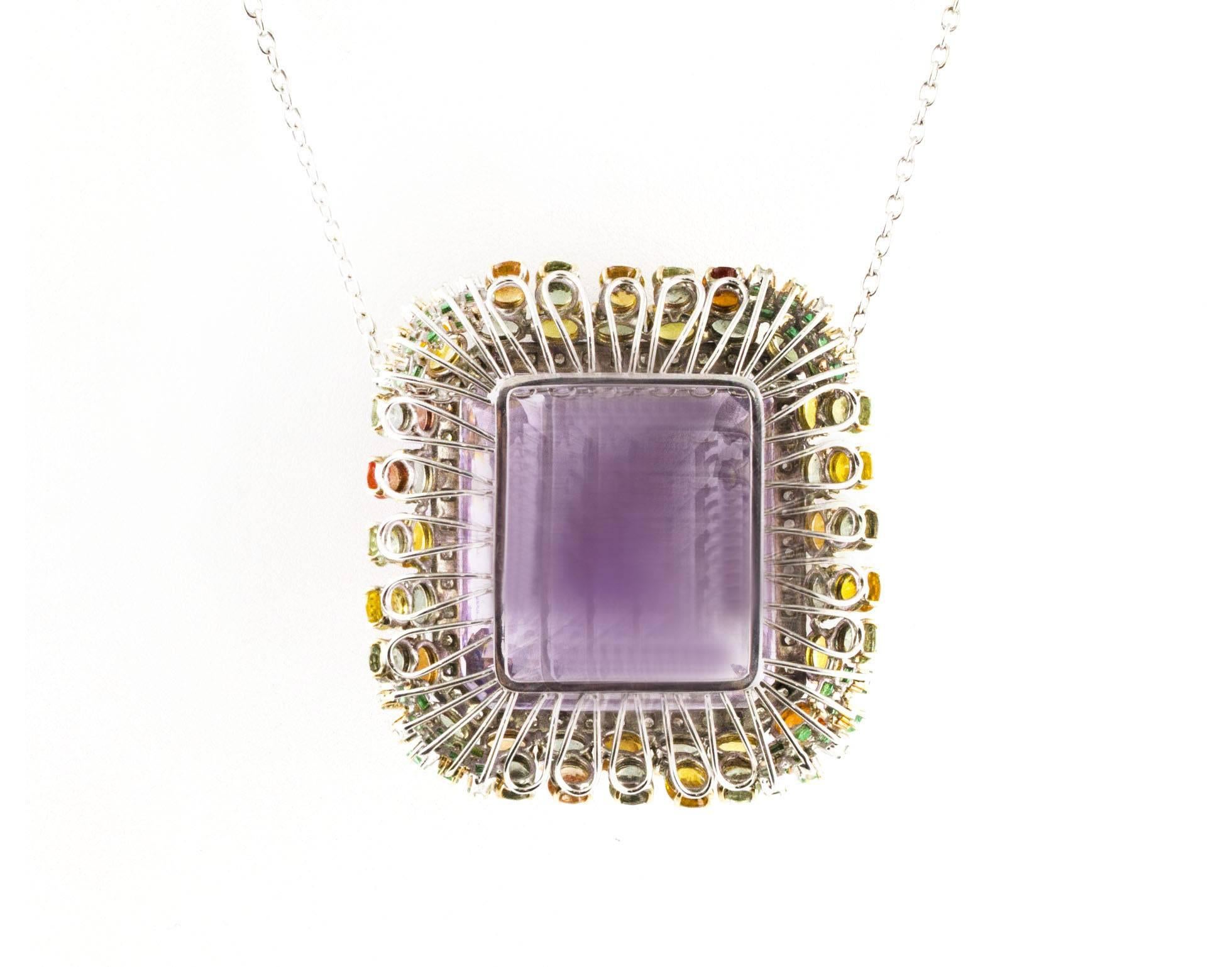 Brilliant Cut  Diamonds Amethyst Sapphires Emerald White Gold Pendant  For Sale